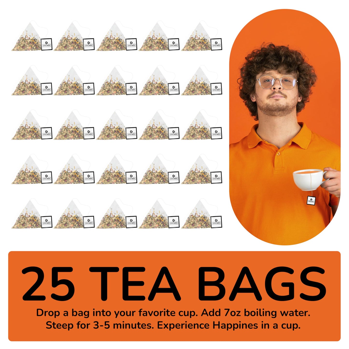 BREWIX Sweet Orange Hibiscus Tea Bags - Caffeine-Free Herbal Tea, 25 Pyramid Bags, Supports Calm & Balance