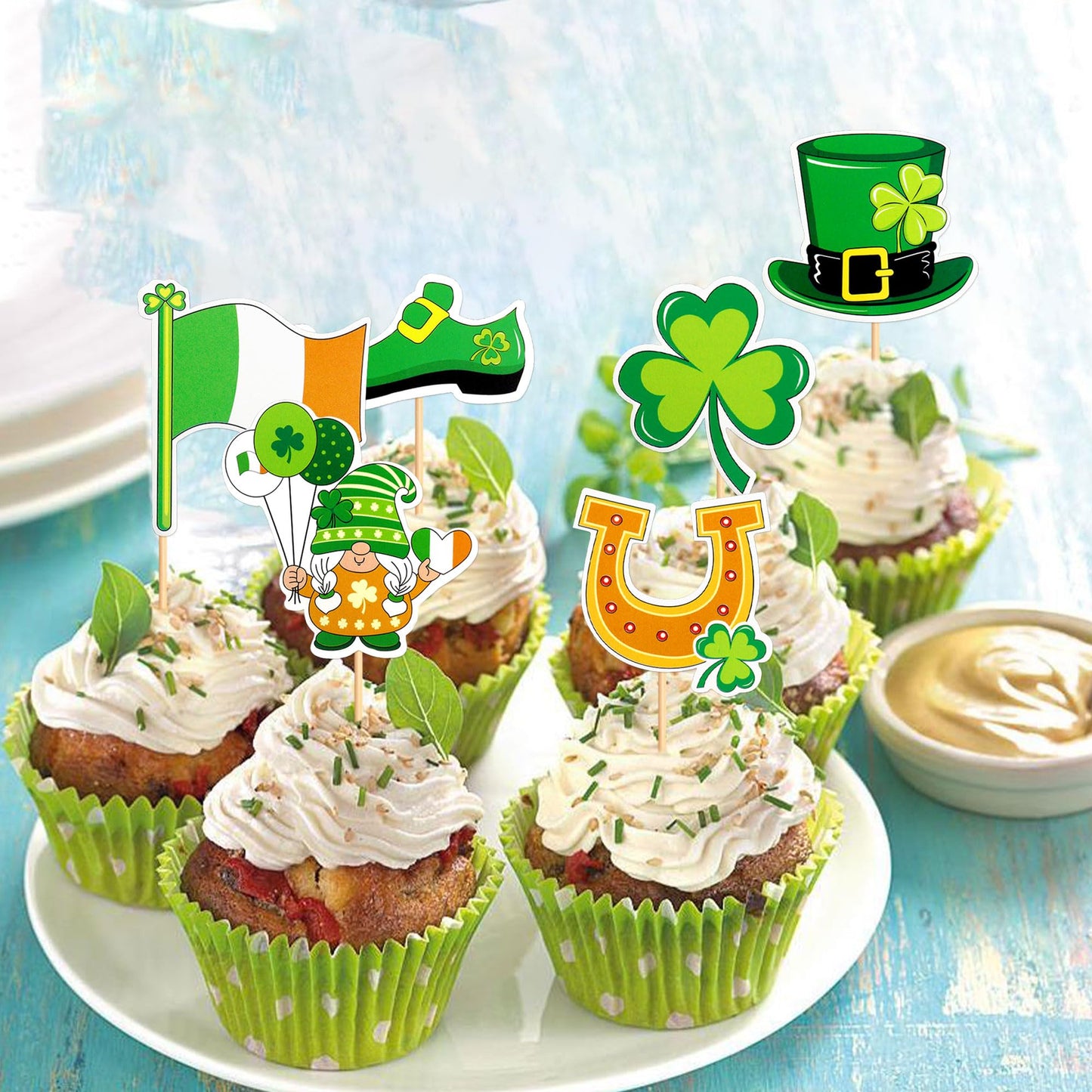 Ercadio 24 Pack Happy St Patrick'S Day Cupcake Toppers Glitter Four Leaf Clover Shamrock Cupcake Picks Green Hat Cupcake Toppers