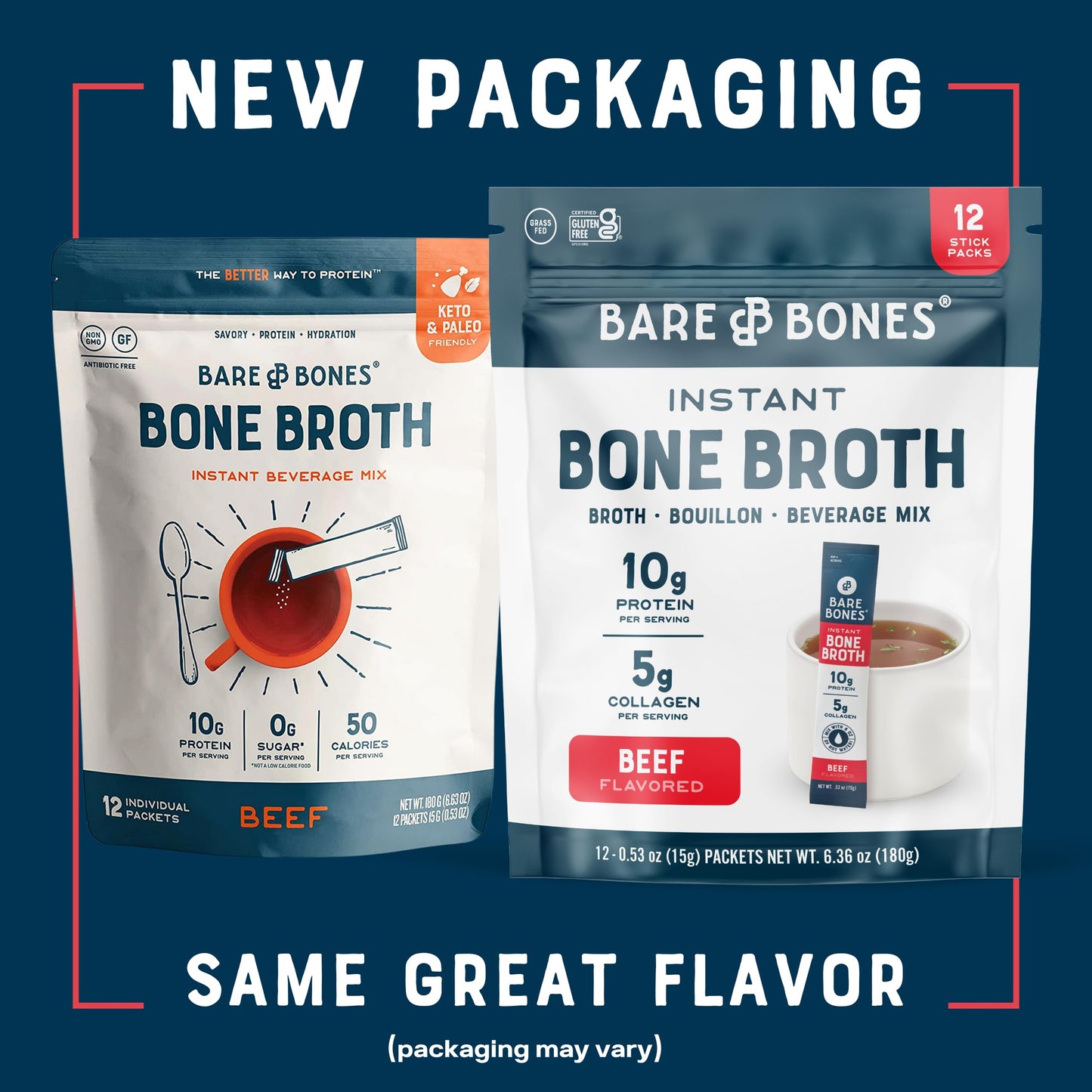 Bare Bones Beef Bone Broth Instant Powdered Mix, 10g Protein, Keto & Paleo Friendly, Pack of 12