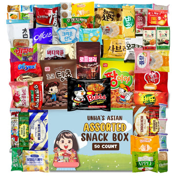 Korean snack box variety pack, 50 count individually wrapped, care package sampler with candy, cookies, chips, and treats, gift 