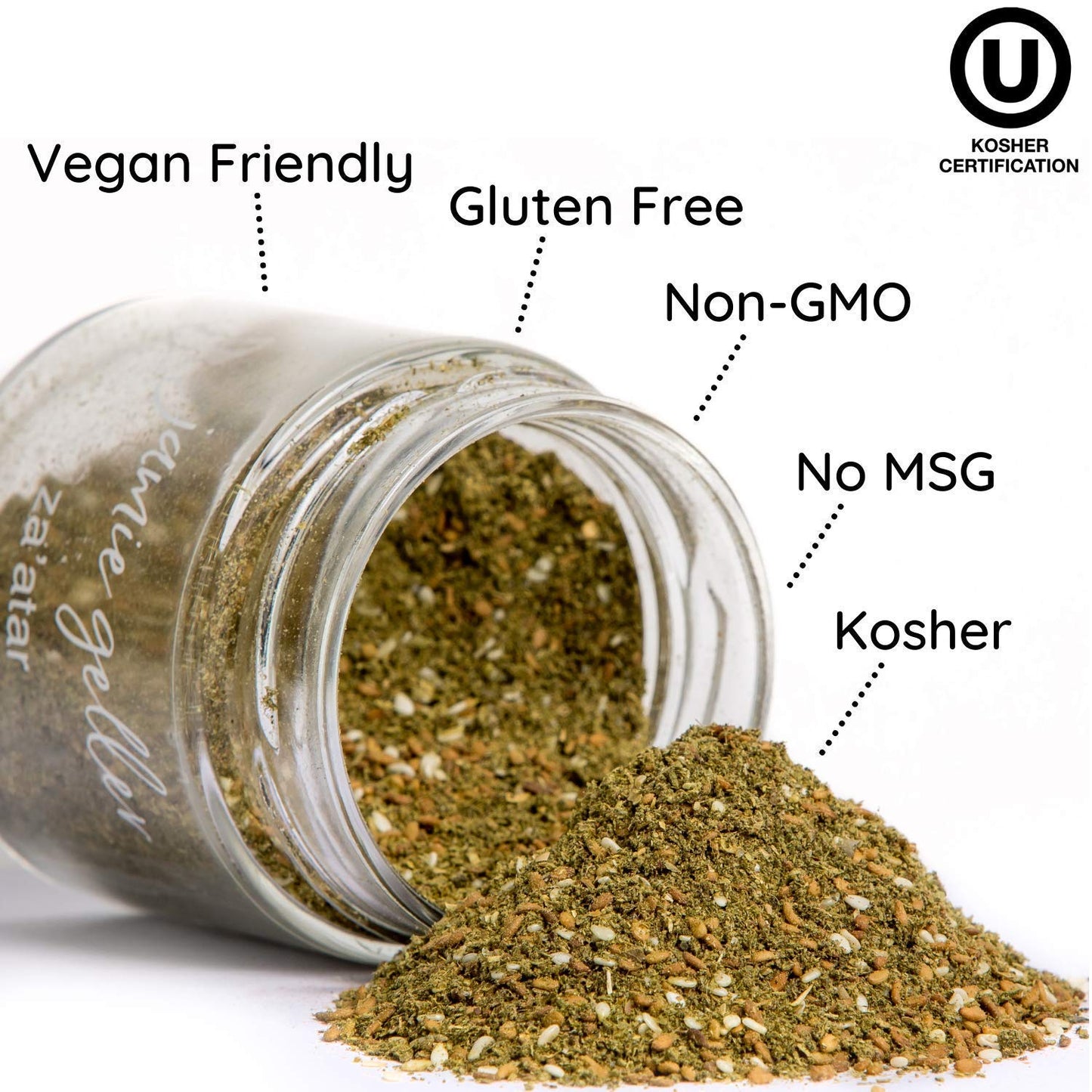 Jamie Geller Zaatar Spice Seasoning | Fresh Hyssop Herb Mix Spices (3.5 oz Glass Jar, 100g) OU KOSHER | Mediterranean Blend For