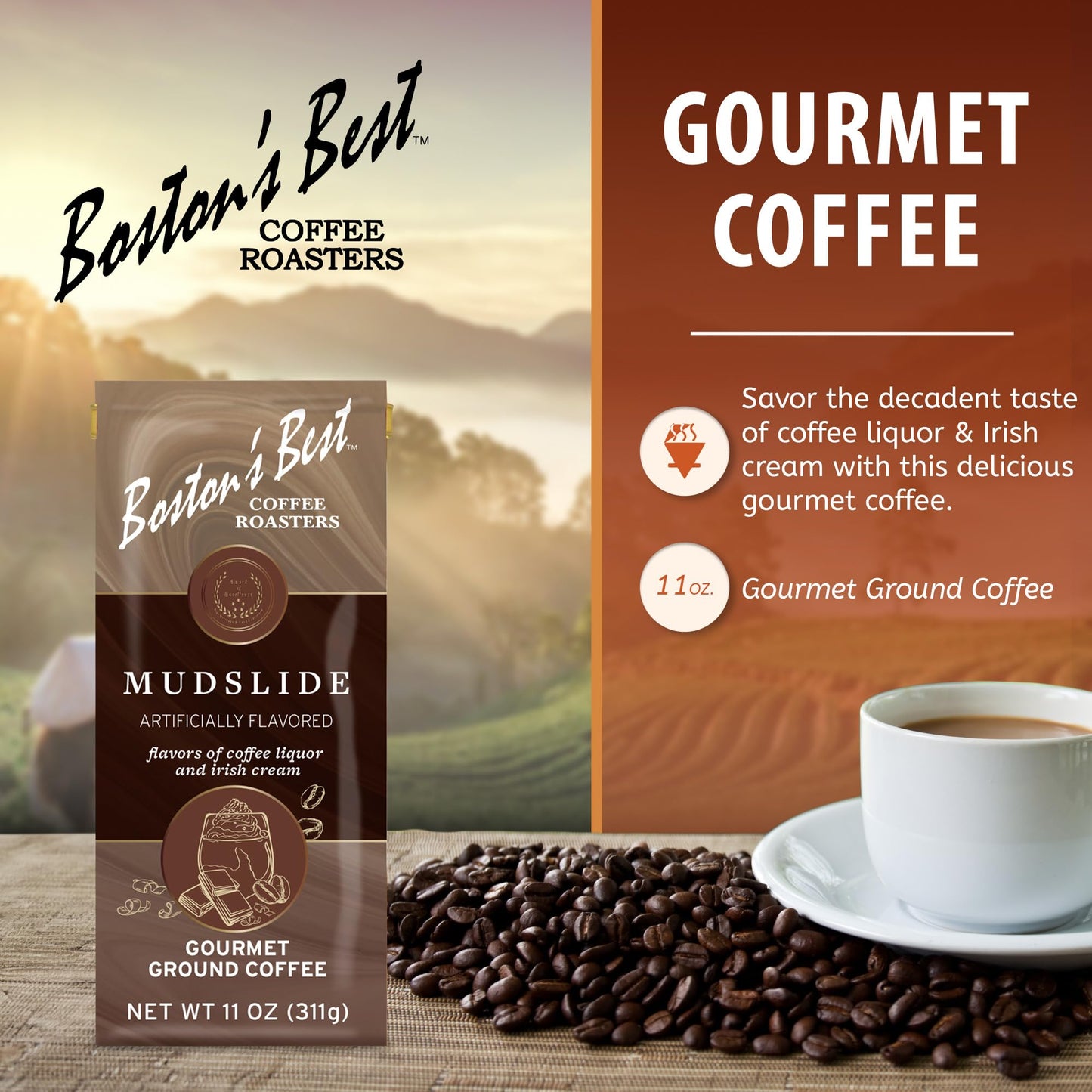 Bostons Best Gourmet Coffee - Mud Slide Flavor, Premium Ground, 11 oz Bag, Model 017809004672