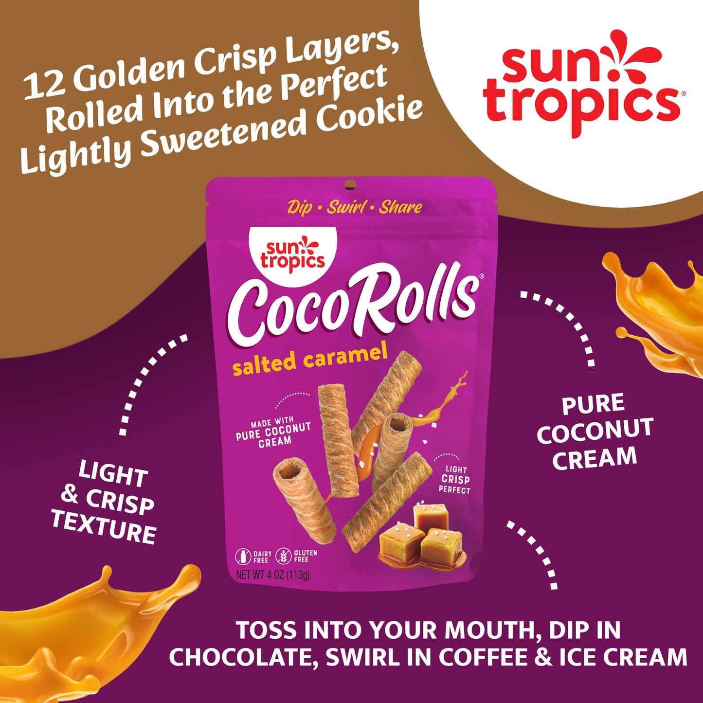Sun Tropics Cocorolls Salted Caramel, Gluten Free, Dairy Free, Snack-Crisp Rolled Wafer Made With Pure Coconut Cream, 6 Count