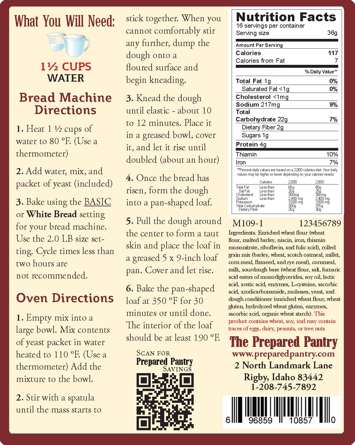 The Prepared Pantry New England Rustic Sourdough Bread Mix; Single Pack; For Bread Machine or Oven