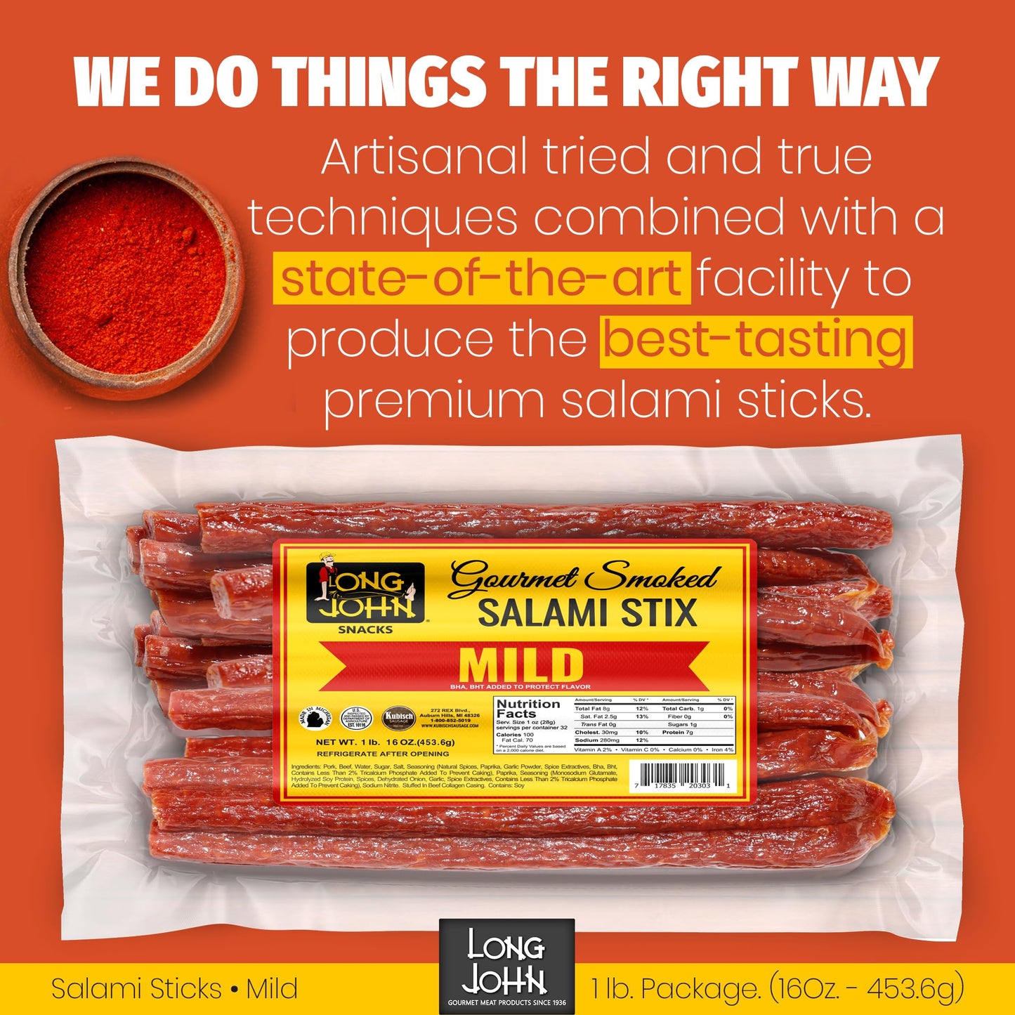 Long John Snacks Dried Salami Sticks - High Protein, Low Carb, Gluten-Free, 16 Oz