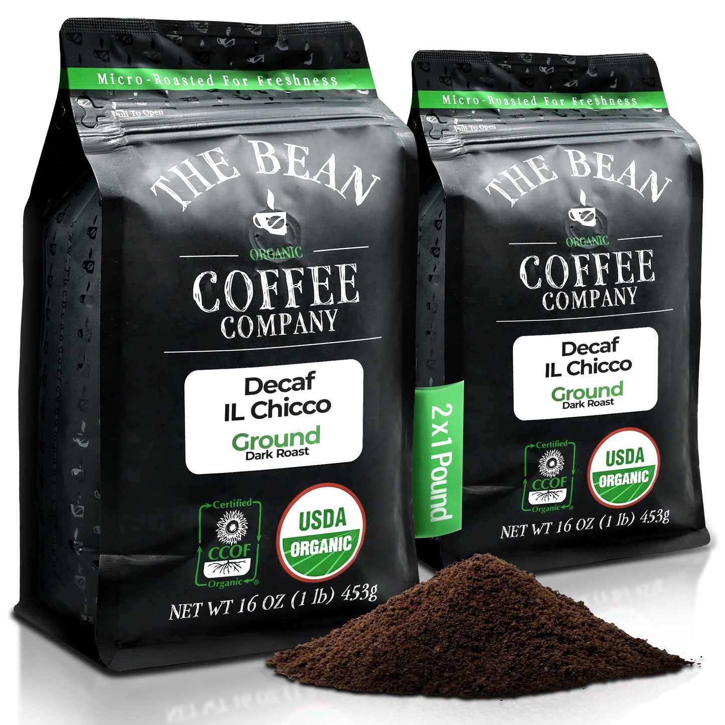 The Bean Coffee Company Organic Decaf Italian Roast Ground Coffee, 16 Ounce (Pack of 2)