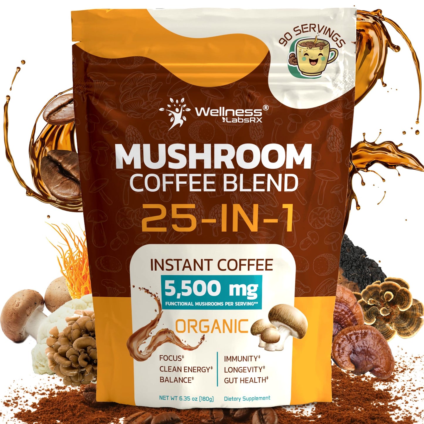 WELLNESS LABSRX Mushroom Coffee Instant Coffee, 25-in-1, Keto Friendly, 90 Servings, 6.35 Ounce