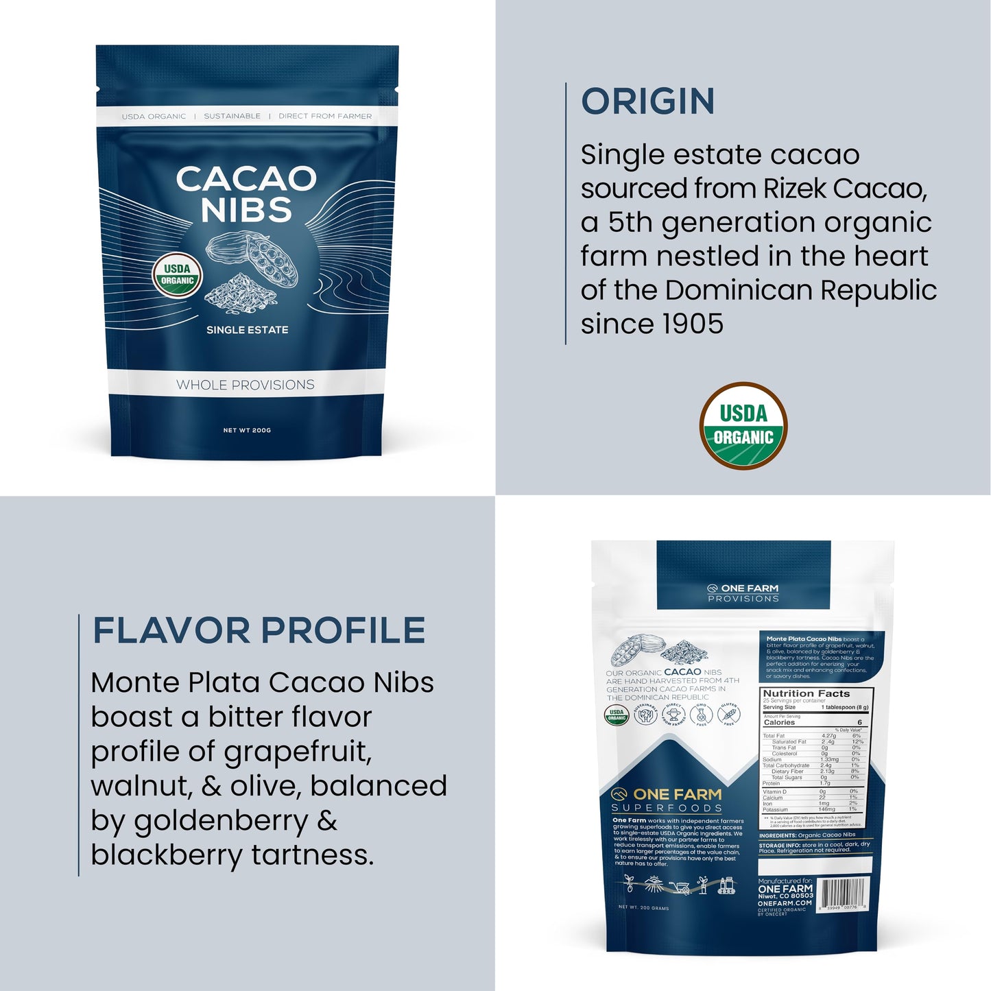 One Farm By Waayb Organic Cacao Nibs, Single Estate, Non-Gmo, Fair-Trade, Vegan, Gluten Free, 100% Raw Rizek Cacao Nibs In Resea