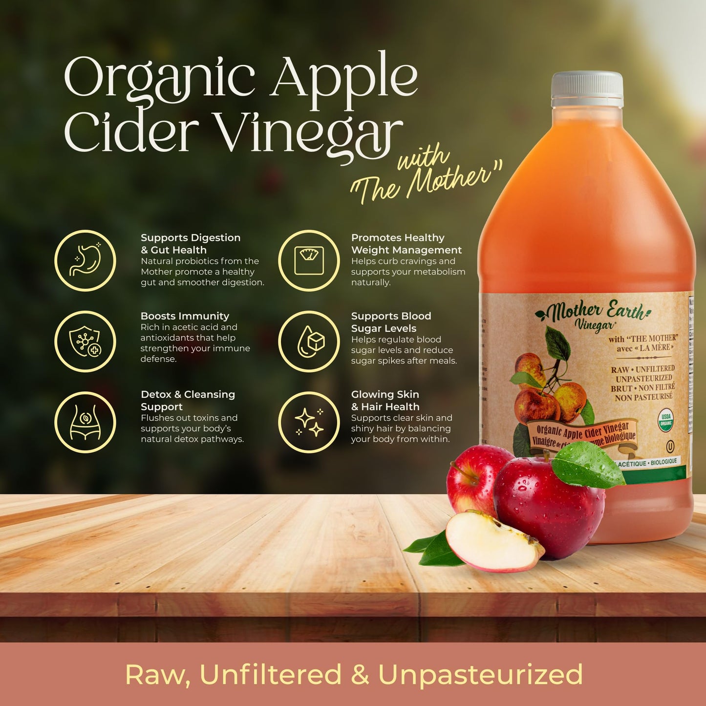 Mother Earth Vinegar Organic Apple Cider Vinegar with The Mother, Raw & Unfiltered, 64 Fl Oz