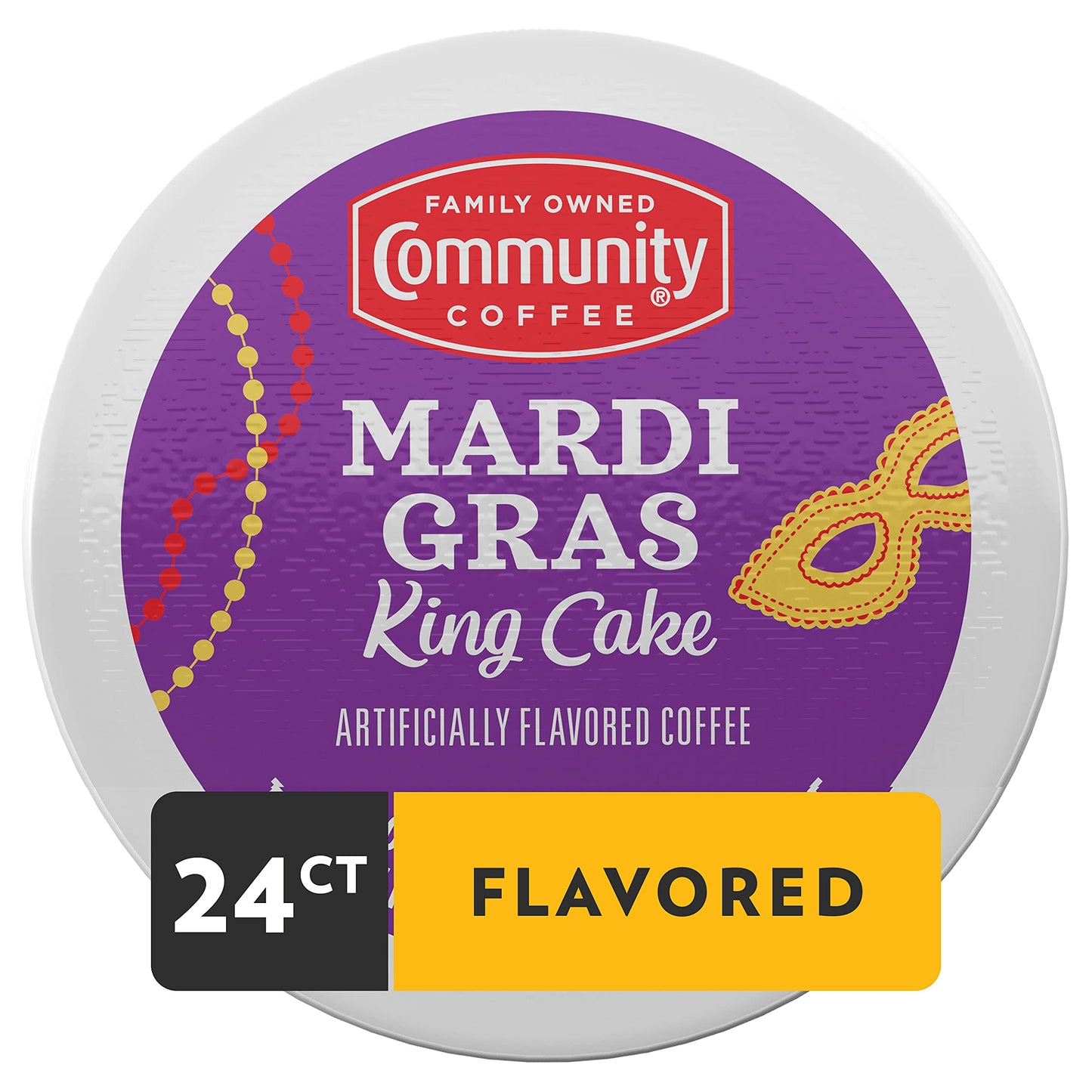 Community Coffee Mardi Gras King Cake Flavored Coffee Pods, Medium Roast, 24 Count, Compatible with Keurig 2.0