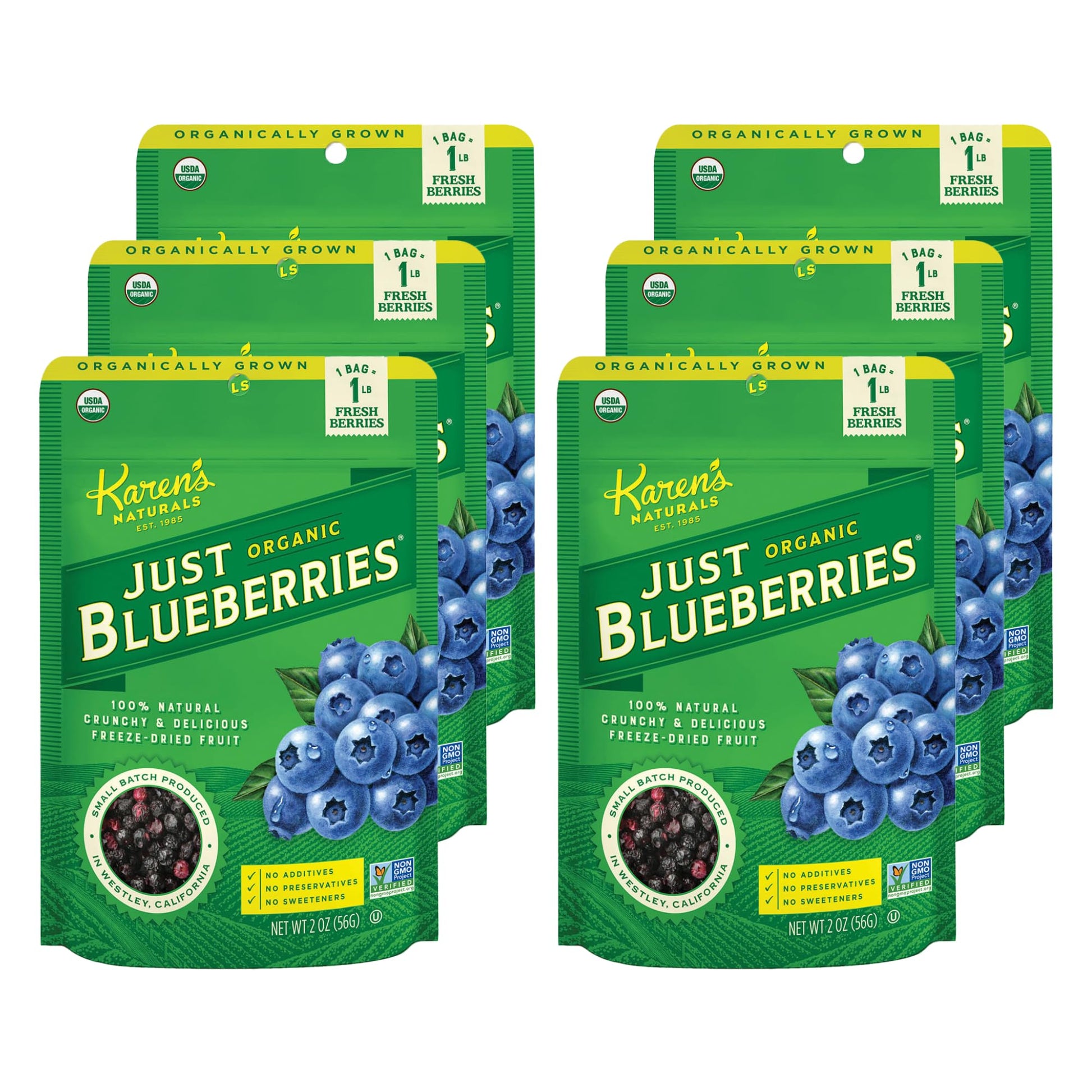 Karens Naturals Organic Freeze-Dried Blueberries, 2oz, Pack of 6 - Crunchy, Flavor Packed Freeze Dried Fruit Snack, Organic Blu