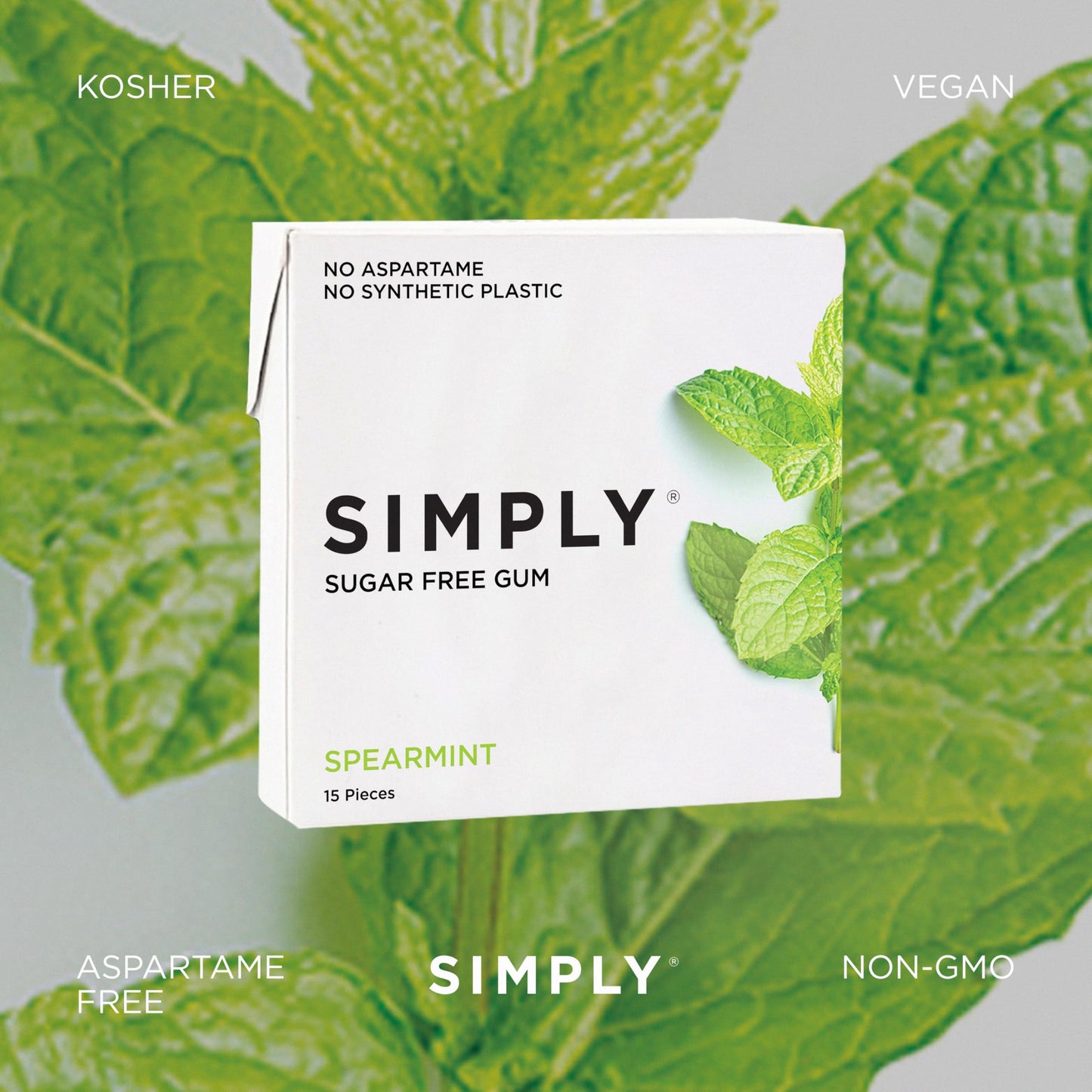 SIMPLY Gum | Dental Gum | Xylitol Chewing Gum - Sugar Free | Spearmint | Pack of Six (90 Pieces Total) | Synthetic Plastic Free
