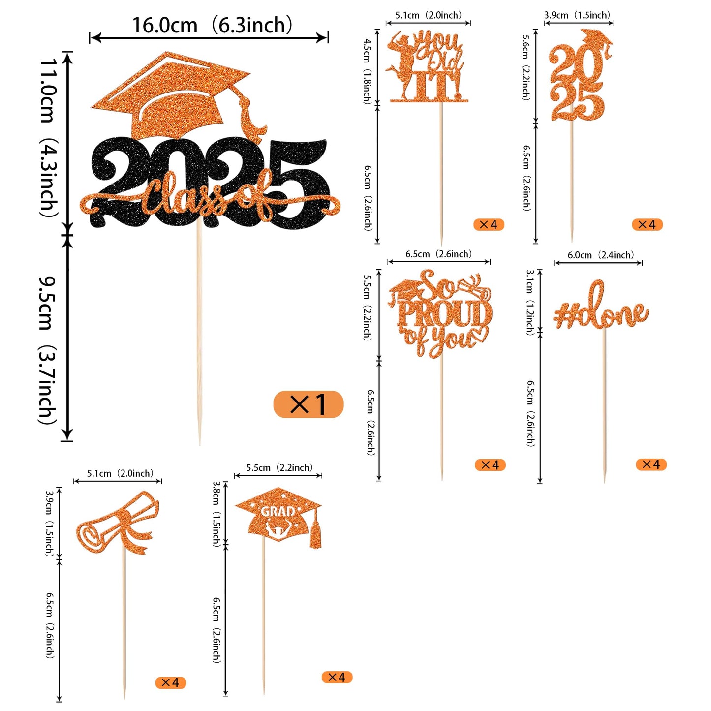 YCTHUNFISH 25 Pack Graduation Cupcake Toppers, Orange Glitter Grad Cap Decorations for 2025 Graduation Party Supplies