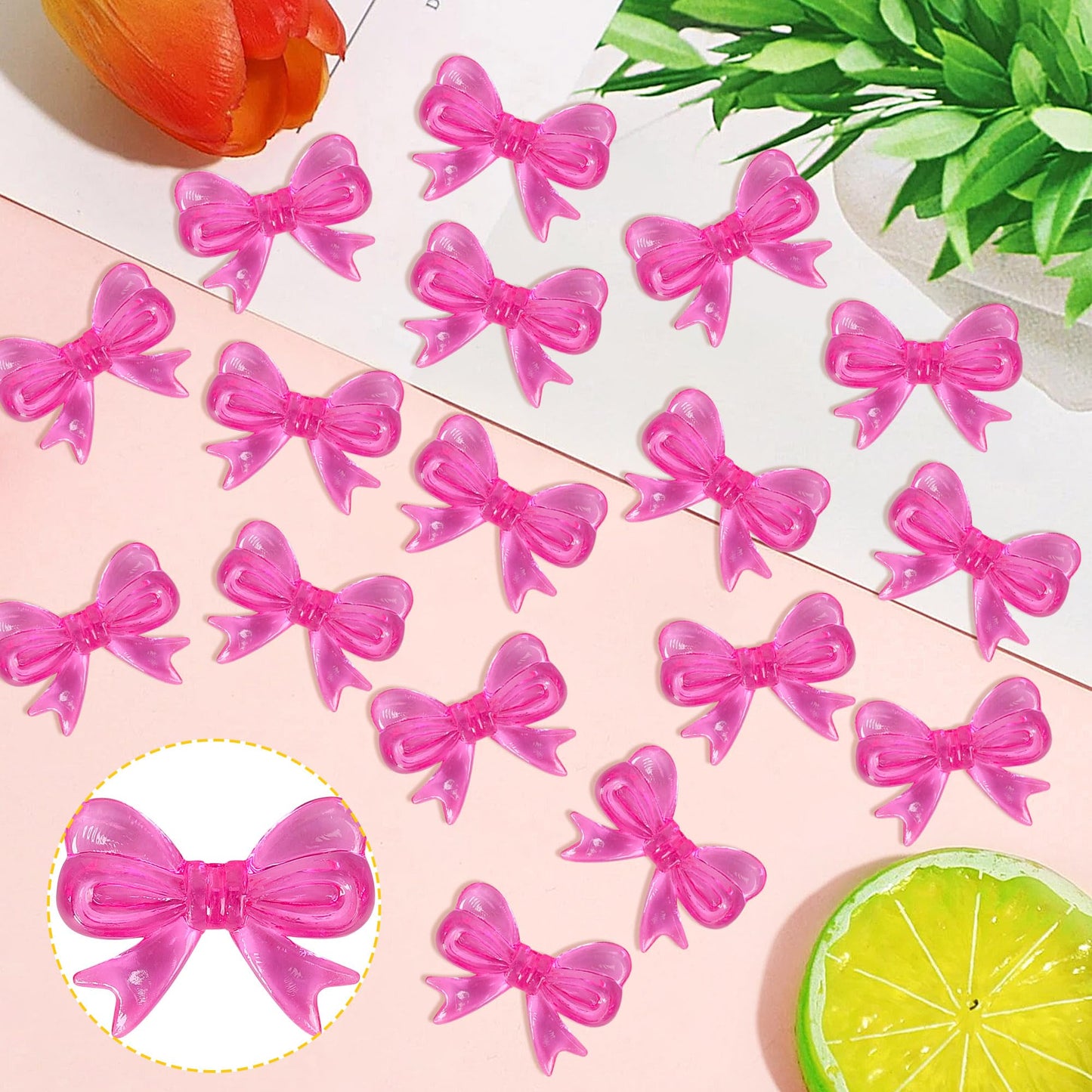 YCTHUNFISH 30 Pack Pink Bow Cupcake Toppers - Acrylic Cupcake Picks for Wedding, Bridal Shower, Birthday Party - Red