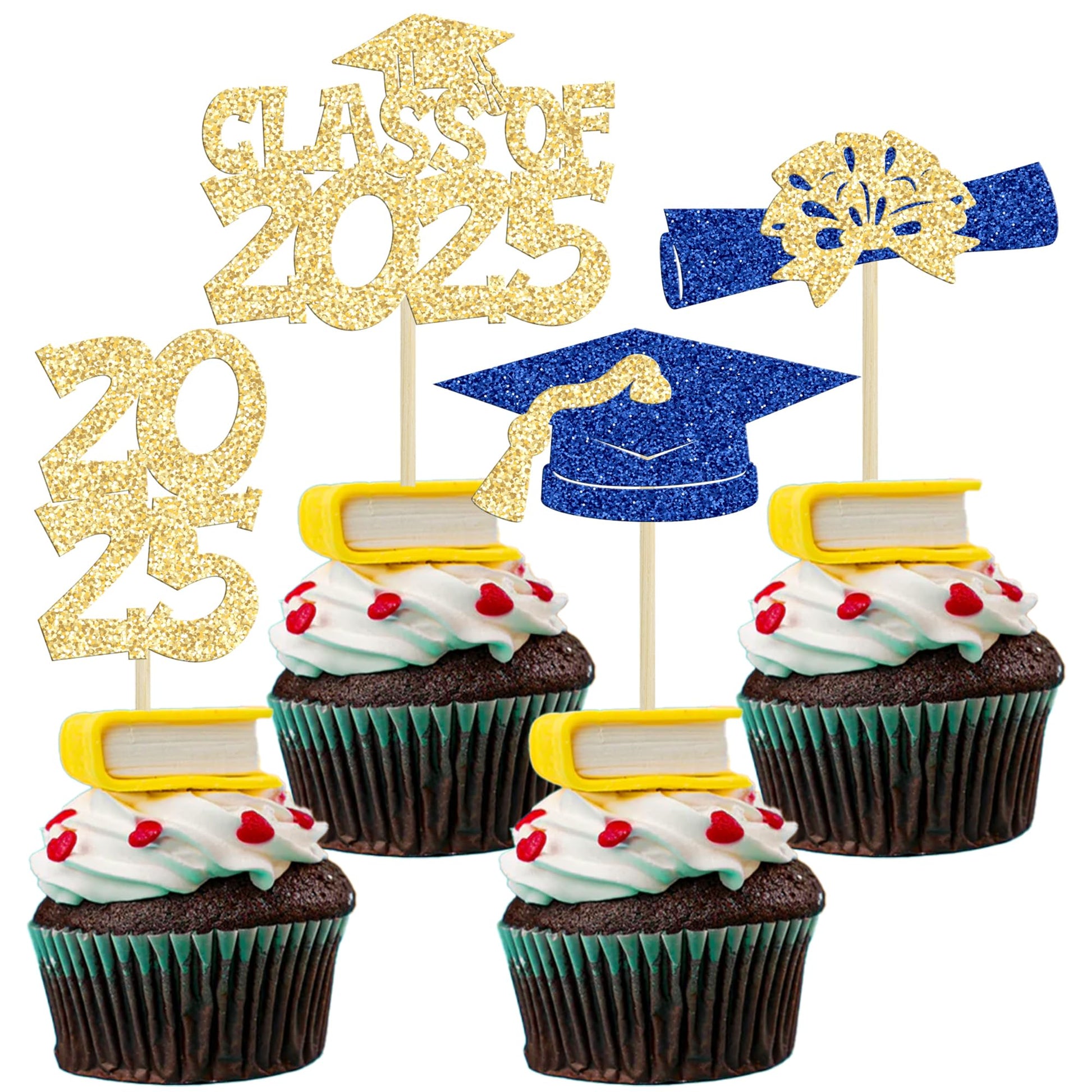 Ephlyn Graduation Cupcake Toppers 36Pcs Gold Blue Glitter Class of 2025 Diploma Cap Picks for Party Decorations