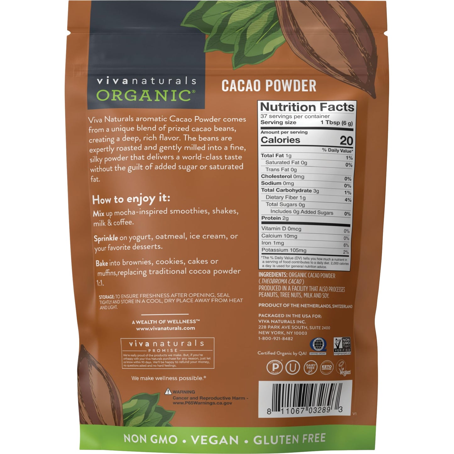 Viva Naturals Organic Cacao Powder  8 oz - Unsweetened Cocoa Powder With Rich Dark Chocolate Flavor  Perfect for Baking & Smoothies - Certified Vegan  Keto & Paleo  Non-GMO & Gluten-Free  227 g