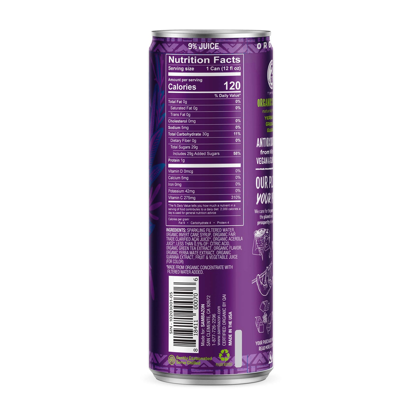 Sambazon Organic Sparkling large online retailer Energy Drink, Acai Berry, 12 Fl Oz (Pack of 12), Vegan, Non-GMO, Kosher, Purple
