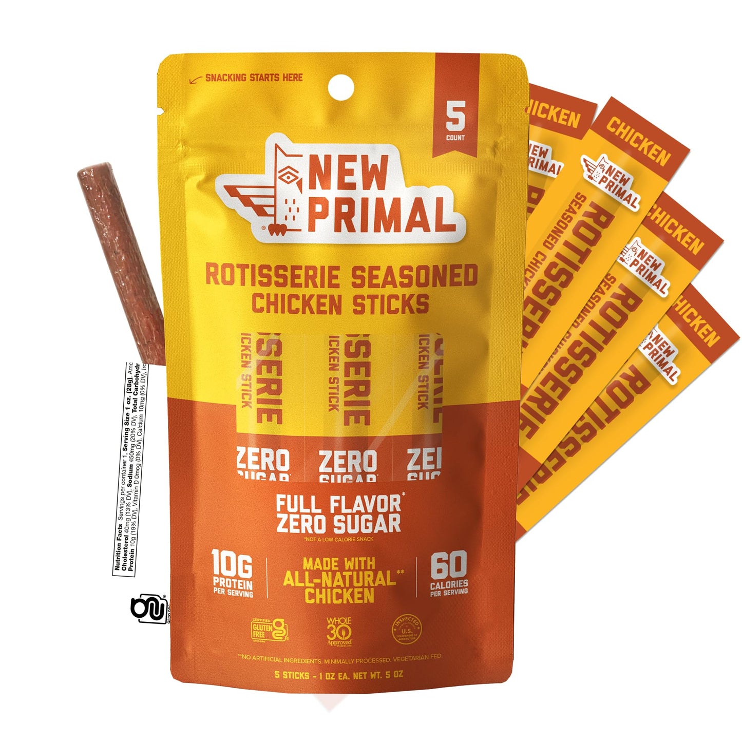 New Primal Rotisserie Chicken Sticks  Zero Sugar High Protein Snack  Gluten Free Whole30 Healthy Snacks  Keto and Paleo Friendly  Jerky Meat Stick  10g Protein  5 Count