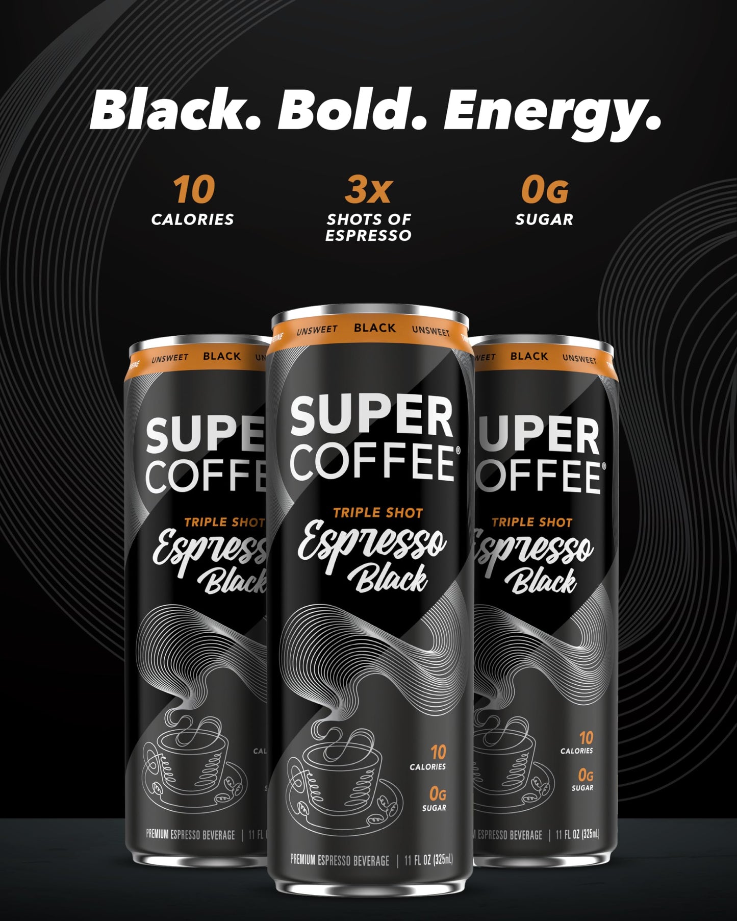Super Coffee Espresso, Iced Keto Coffee (0G Added Sugar, 10 Calories) [Triple Shot Black] 11 Fl Oz, 12 Pack | Iced Coffee, Cold