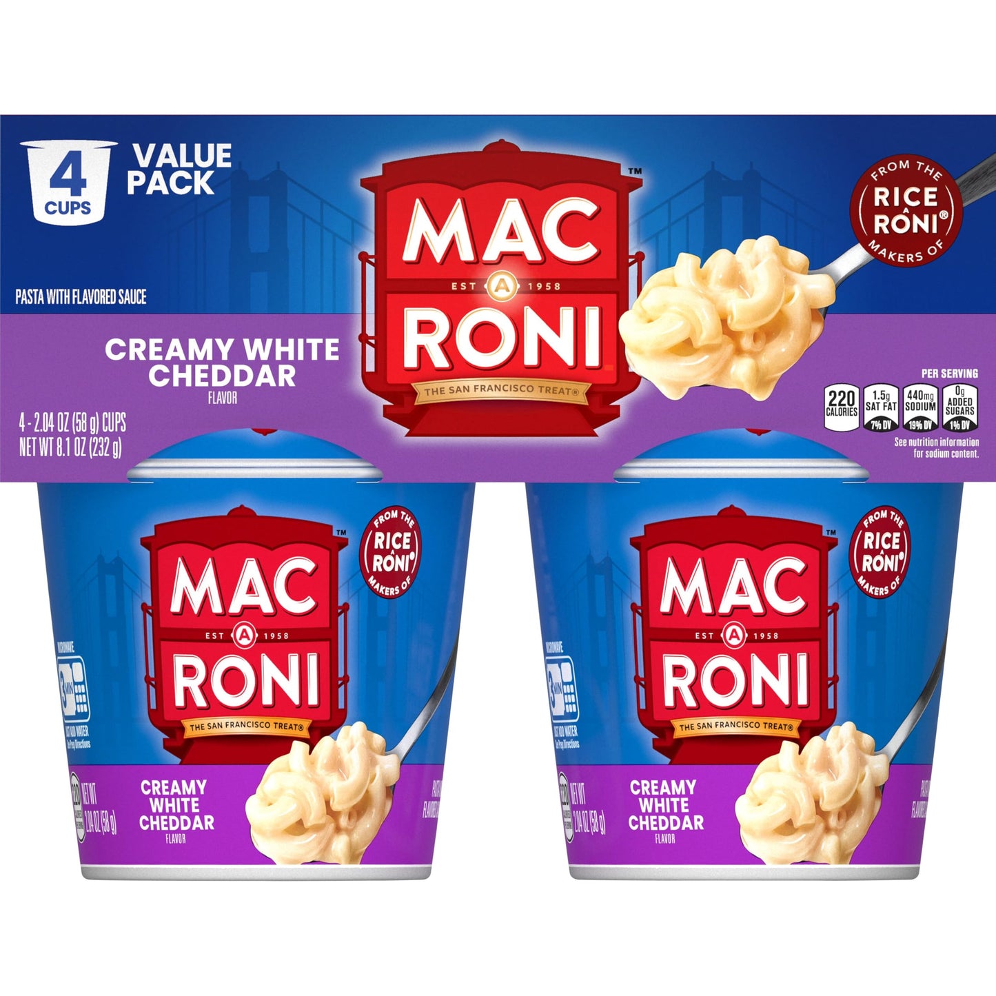 Mac A Roni Quick Cook Macaroni and Cheese Cups, Creamy White Cheddar, 2.04 Oz Cups, 4 Pack