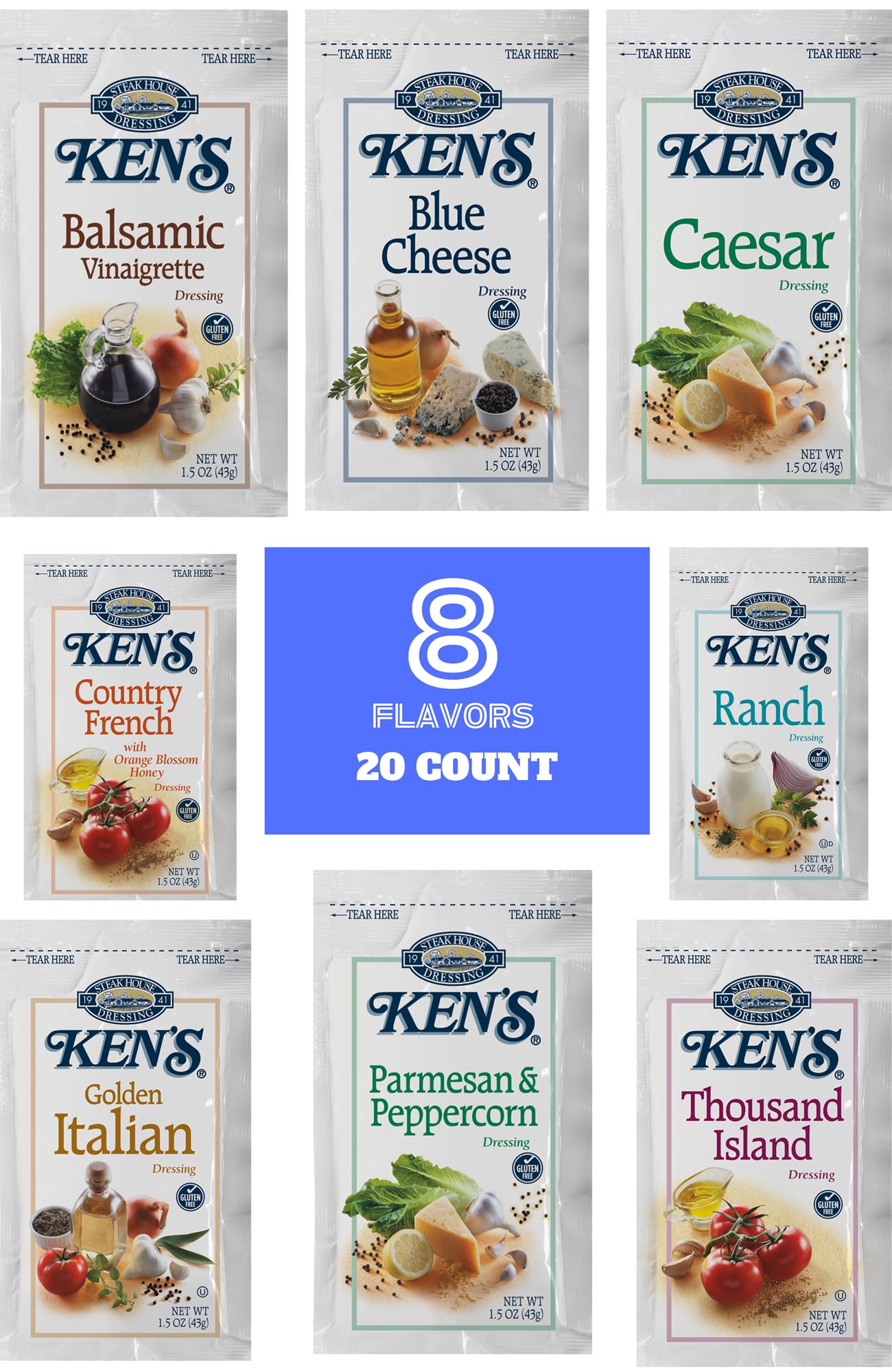 Salad Dressing Packets | 8 Flavors: Balsamic Vinaigrette, Blue Cheese, Caesar, Country French, Ranch, Golden Italian, Parmesan A