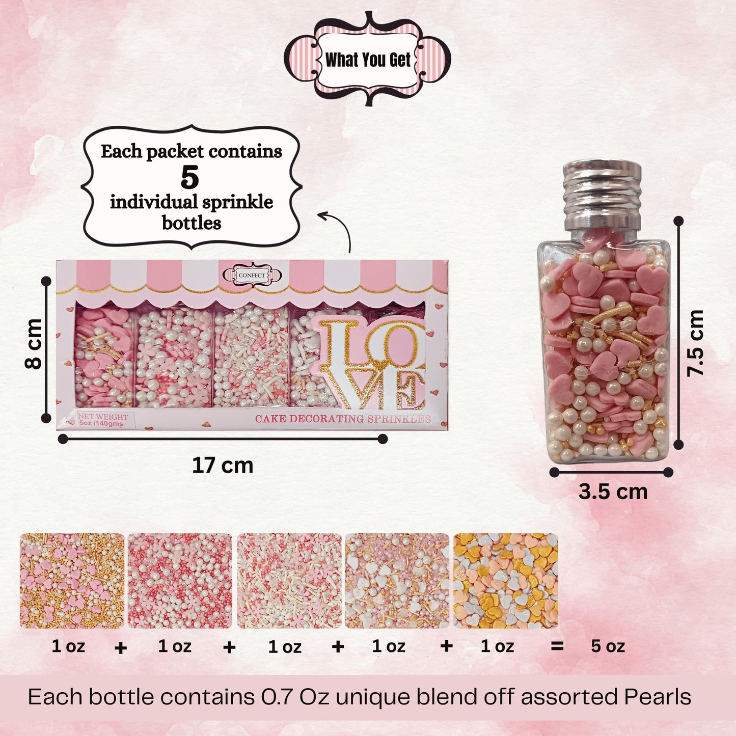 Confect Pink, Silver, Gold & White Pearl Sprinkles Mix - Edible Baking Decorations For Cakes, Cupcakes, Cookies - Valentines & C