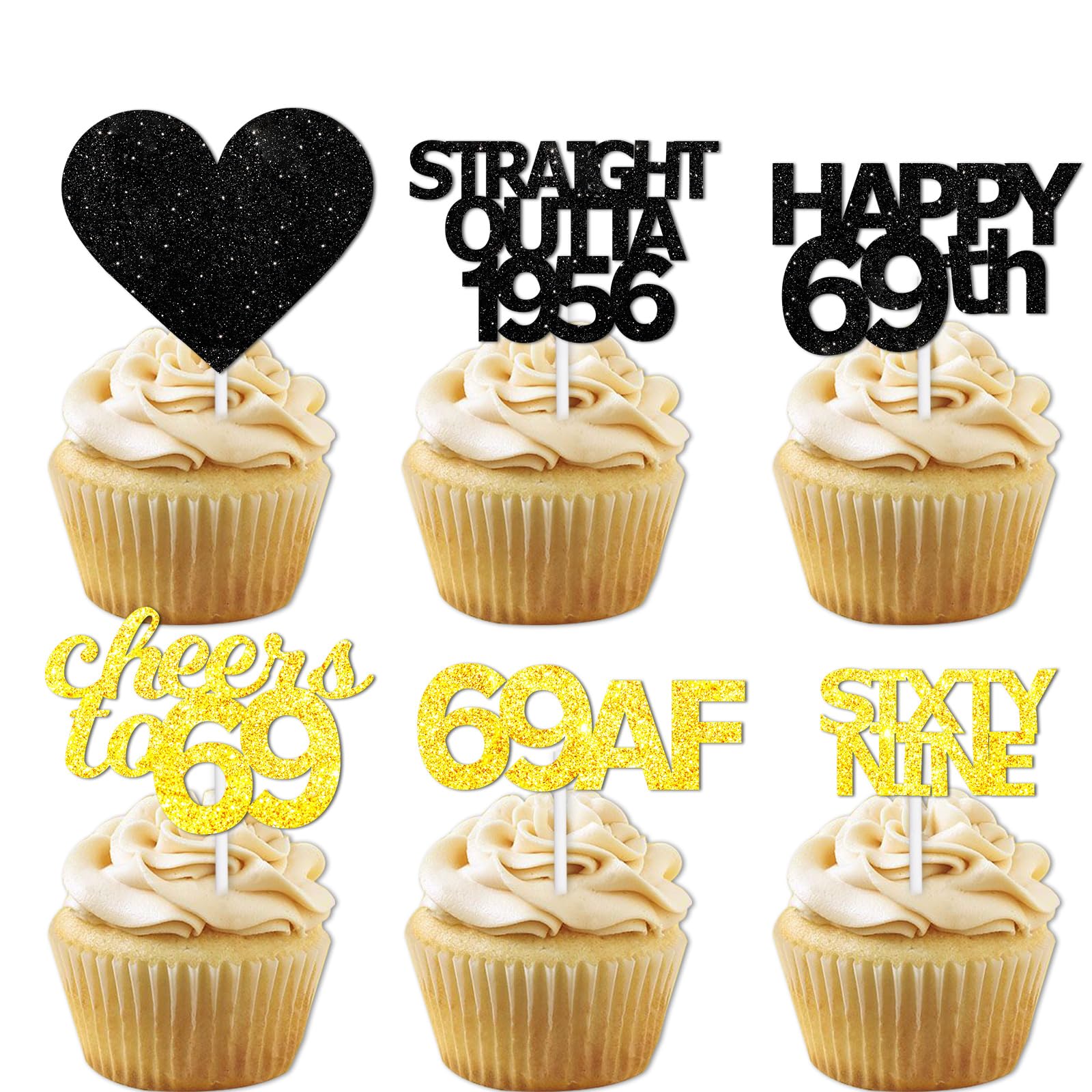 18pcs Black Gold Glitter Dessert Cupcake Pick for Straight Outta 1956 Cheer to 69 Years Old Theme Decor Supplies Happy 69th Birt