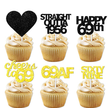 18pcs Black Gold Glitter Dessert Cupcake Pick for Straight Outta 1956 Cheer to 69 Years Old Theme Decor Supplies Happy 69th Birt