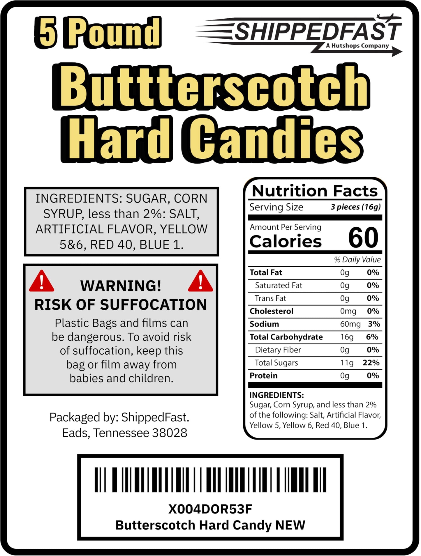 Shippedfast Butterscotch Hard Candies - Individually Wrapped, 5 Pound Bag, Large Size