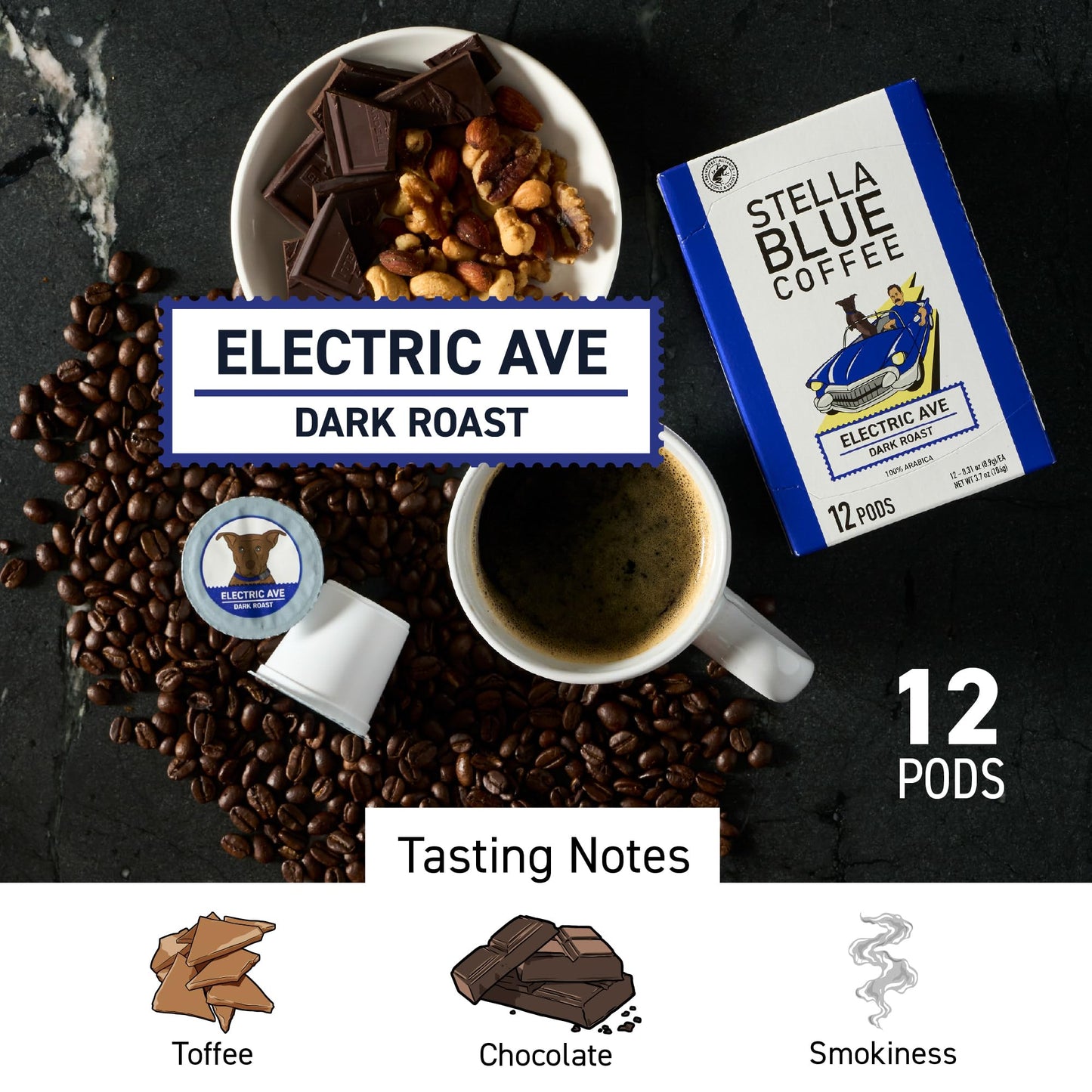 Stella Blue Dark Roast Coffee Pods, 100% Arabica, 12 Count, Single Serve
