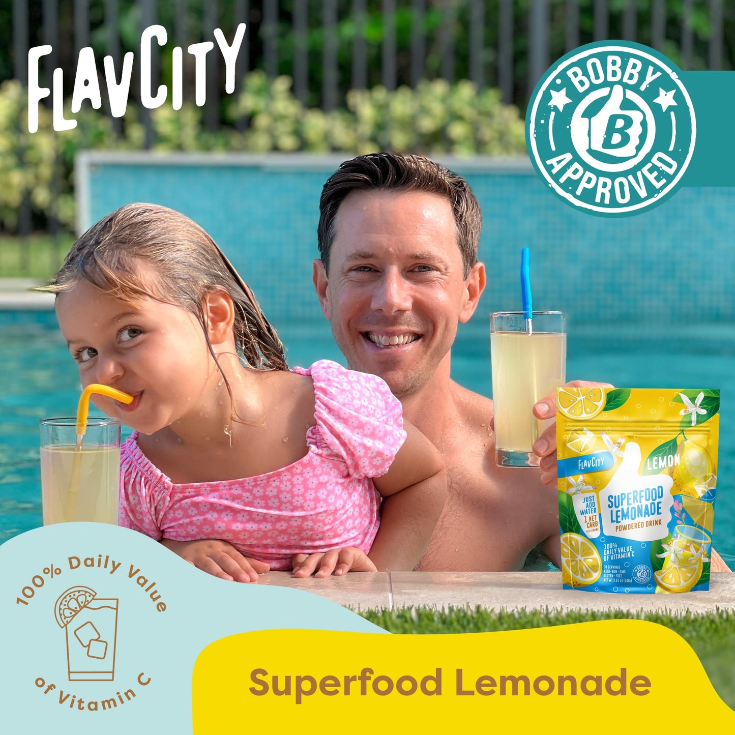 FlavCity Superfood Lemonade Drink Mix - Sugar-Free Lemonade Powder with Real Crystallized Lemon & Organic Acerola - 100% DV Vitamin C - Keto  Gluten-Free  Non-GMO (30 Servings)