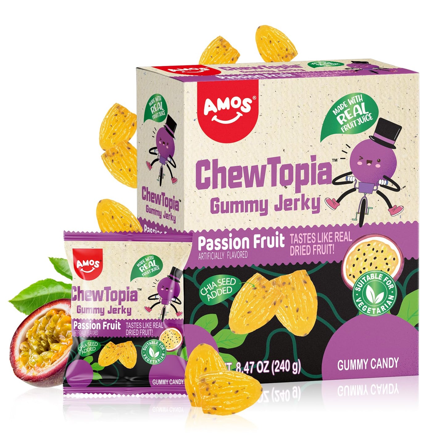 Amos ChewTopia Passion Fruit Gummy Jerky - Vegan Chewy Fruit Snack, Tropical Passion Fruit Flavor, Soft & Chewy Candy, 8.47oz Bo