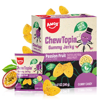 Amos ChewTopia Passion Fruit Gummy Jerky - Vegan Chewy Fruit Snack, Tropical Passion Fruit Flavor, Soft & Chewy Candy, 8.47oz Bo