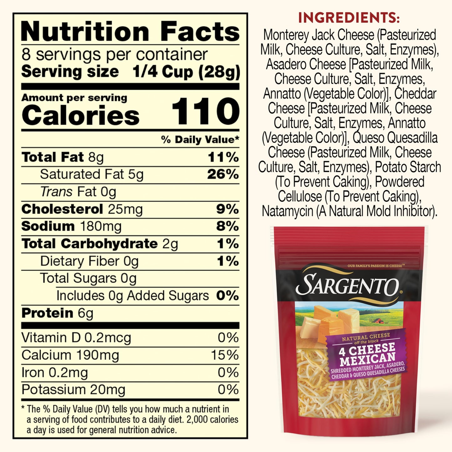 Sargento Natural 4 Cheese Mexican Shredded Cheese, Fine Cut, 8 oz