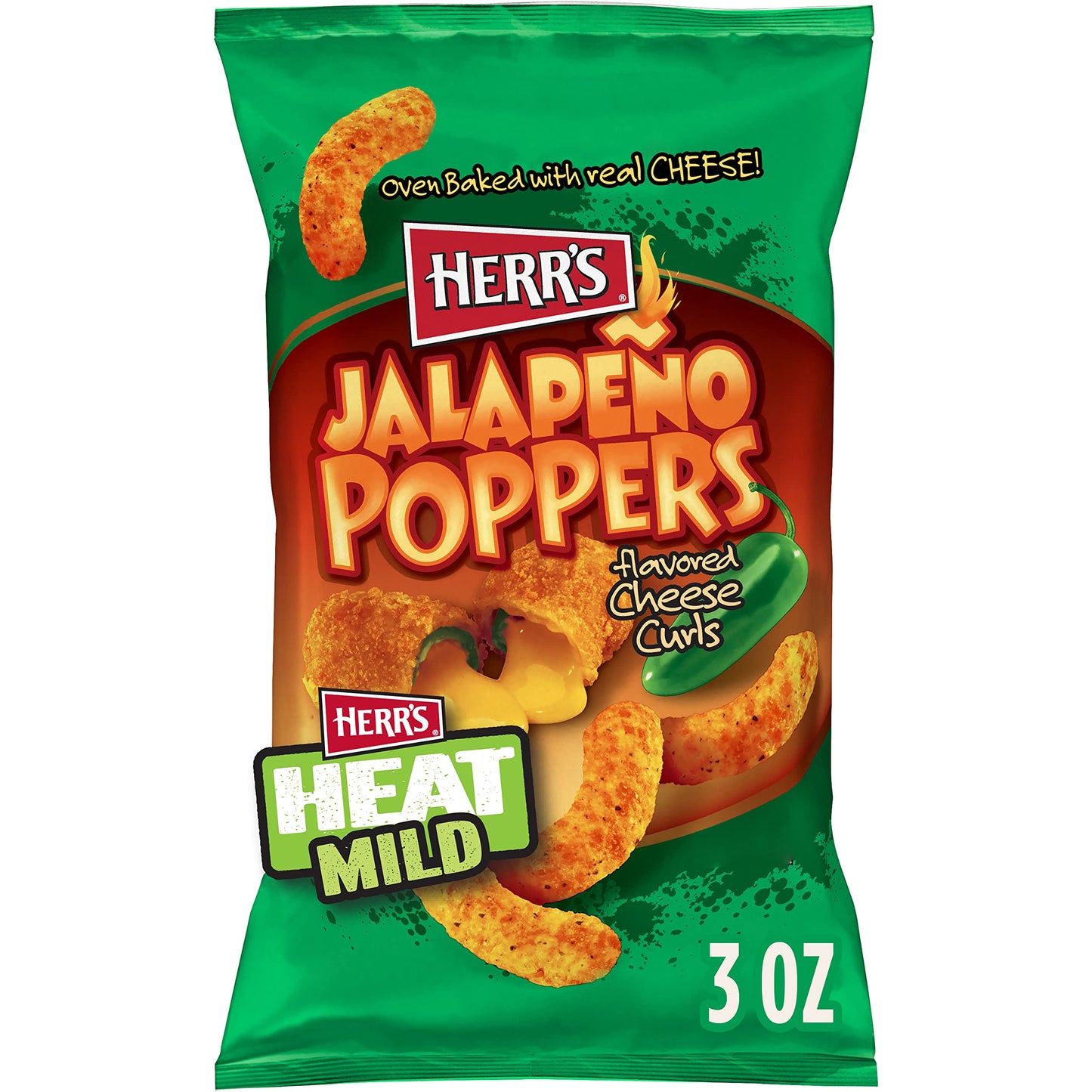 Herrs Jalapeno Poppers Flavored Cheese Curls, Gluten Free Snacks, 3oz Bag (20 Count)
