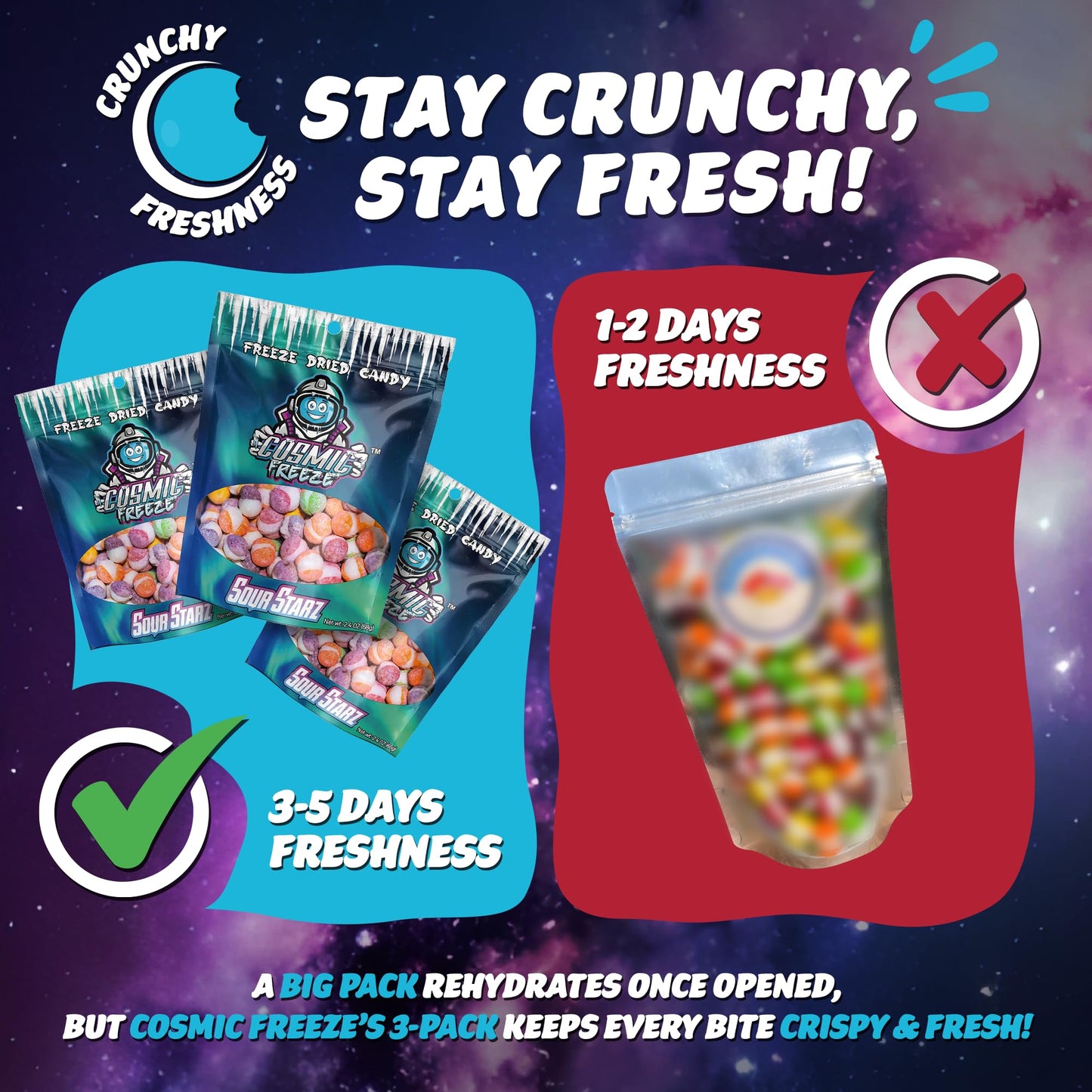 Cosmic Freeze Sour Starz Dried Candy, Crunchy Dry Candy For Mix-In Snacks Dried, Gluten-Free, Made In Usa, 2.4 Oz, 3-Pack