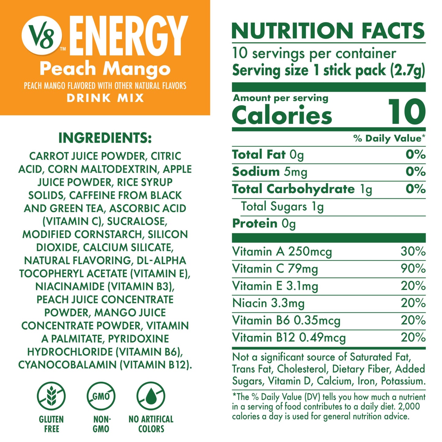 V8 Energy Peach Mango Drink Powder - 10 Count Packets - Model 200000029343