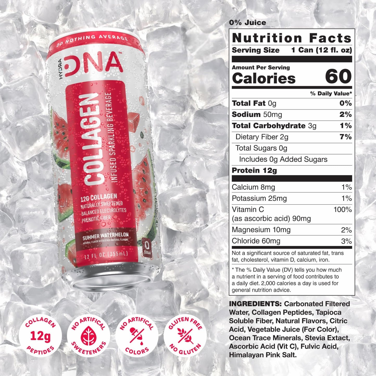 HYDRADNA Sparkling Liquid Collagen Protein Water - Sugar-Free, Keto-Friendly, 12 Fl Oz (Pack of 12), Watermelon Flavor