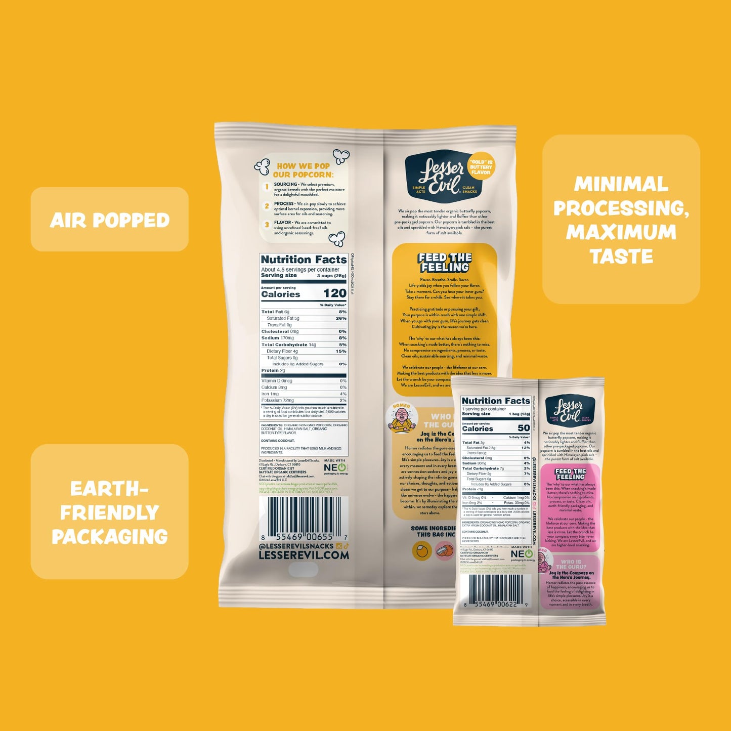 Lesserevil Himalayan Gold Organic Popcorn & Himalayan Pink Salt, 4.6 oz (Pack of 3) + 0.46 oz Snack Bag, Premium Quality