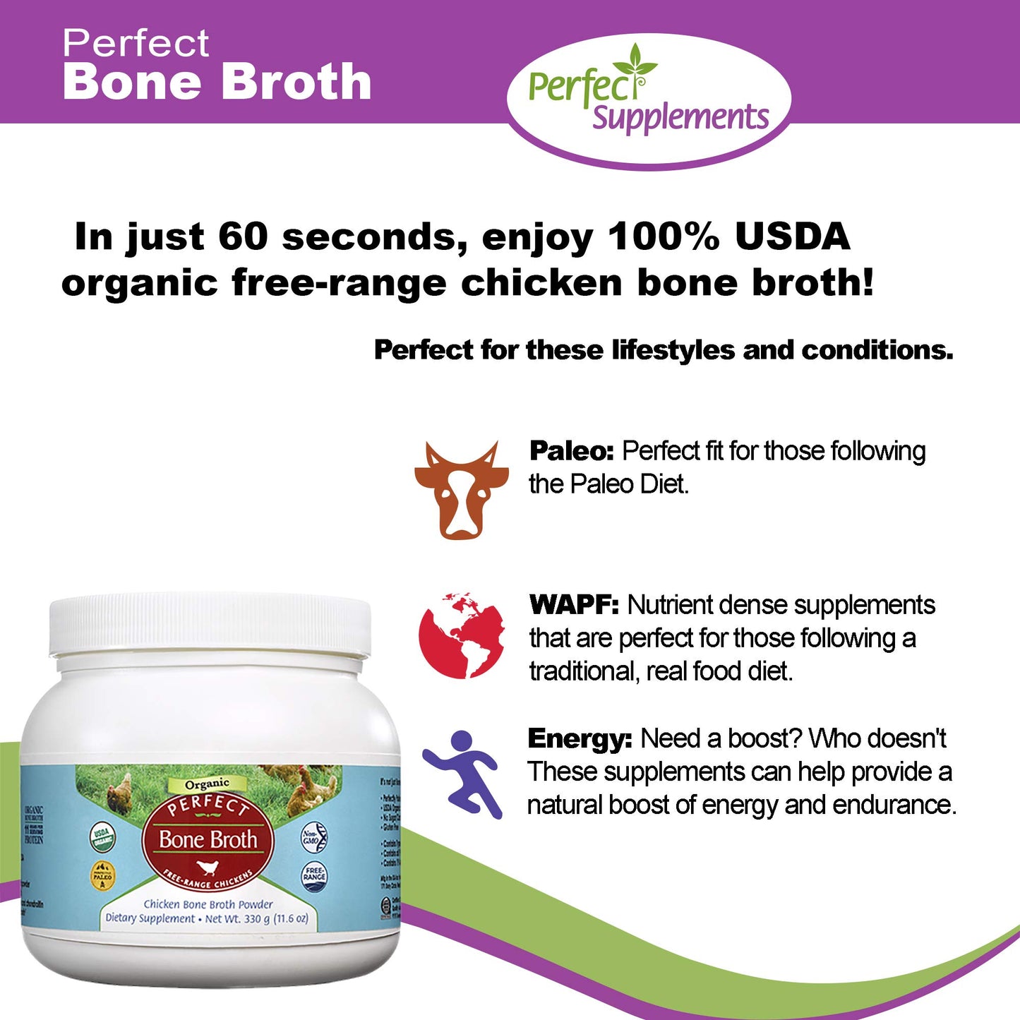 Perfect Organic Chicken Bone Broth Powder | Free Range Low Sodium Chicken Broth | Paleo & Keto Bone Broth Powder (330g) 30 Servi