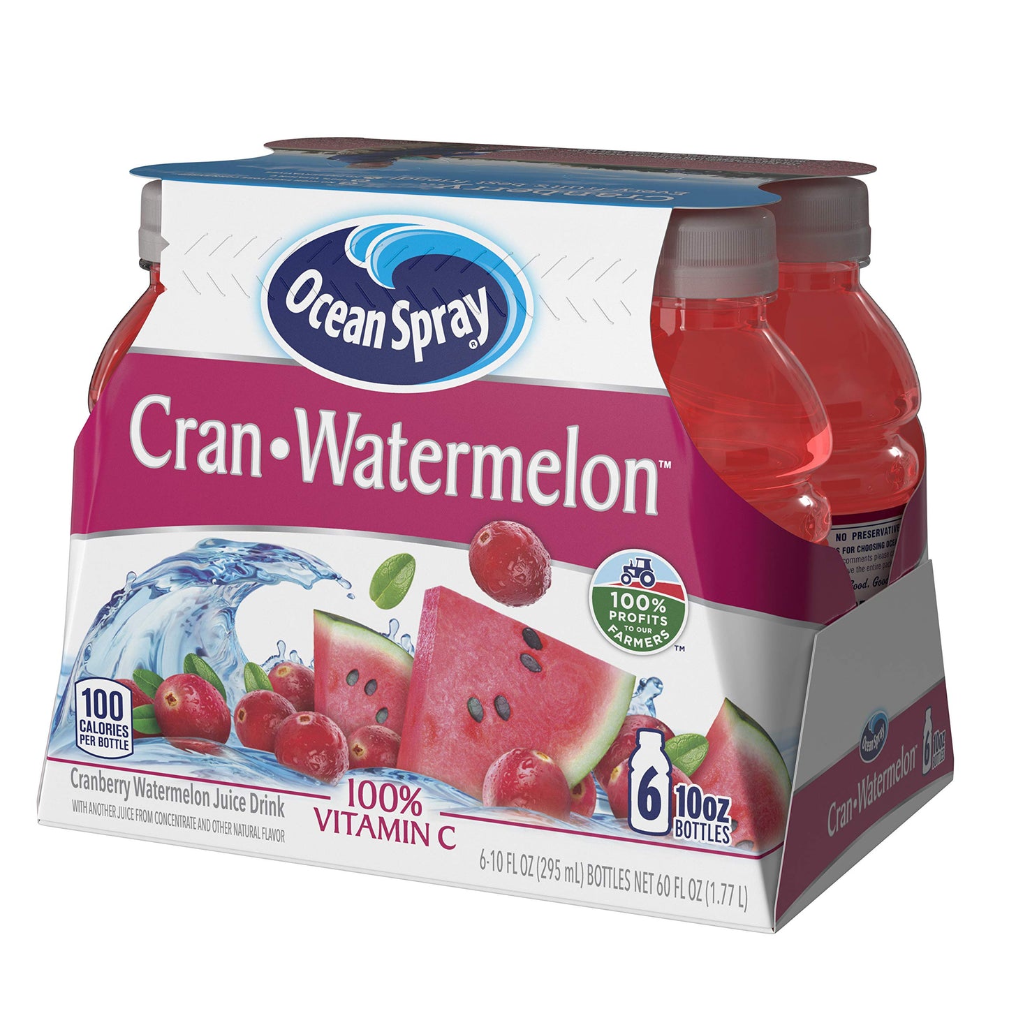 Ocean Spray Cran-Watermelon Juice Drinks, 60 Fl Oz (Pack of 4), Watermelon Flavor, 10 Fl Oz Bottles
