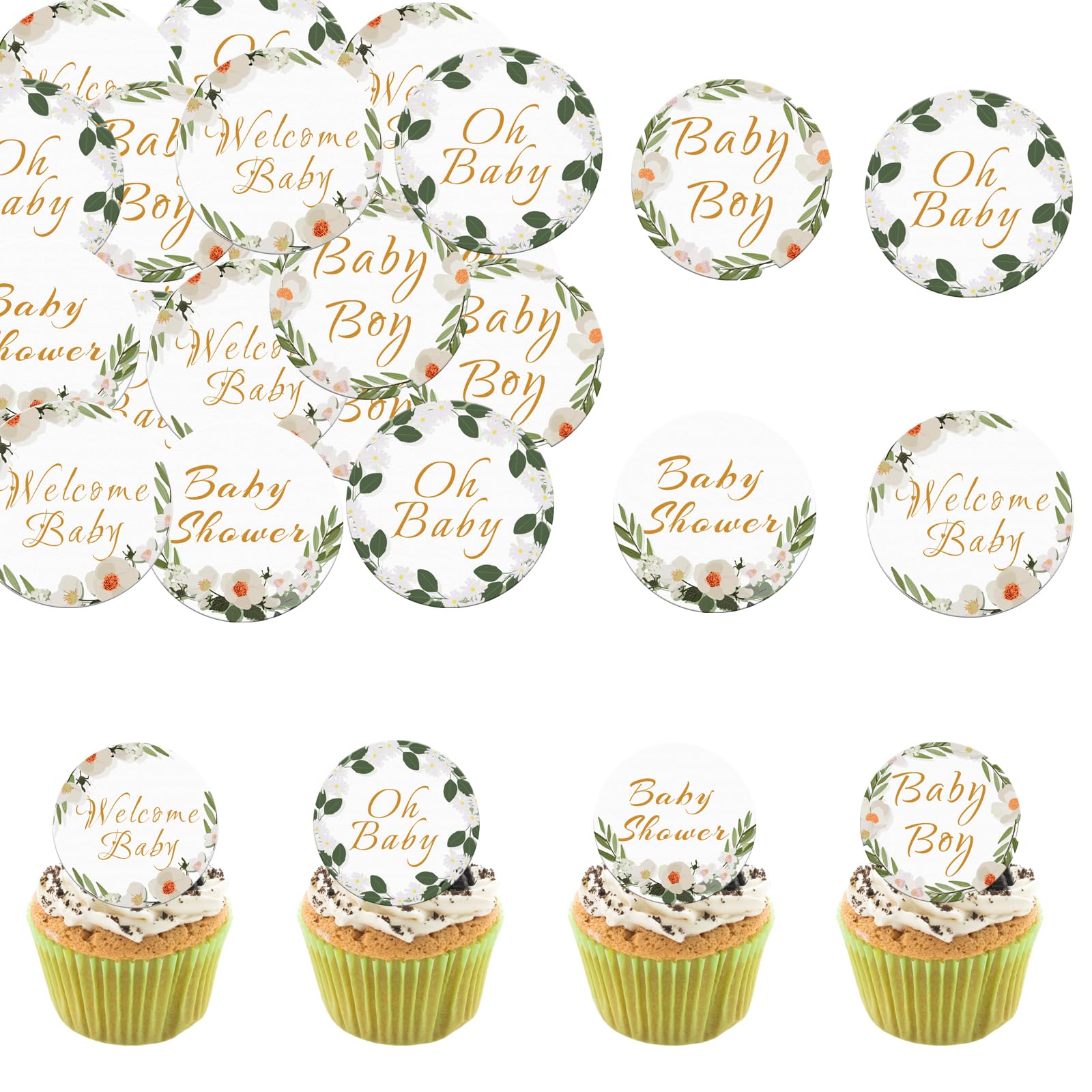 Fyeoxle 48 Pack Edible Baby Shower Cupcake Toppers Wafer Paper Jungle Leaves Oh Baby Wecome Baby Cupcake Picks Greenery Frames B