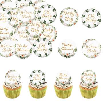 Fyeoxle 48 Pack Edible Baby Shower Cupcake Toppers Wafer Paper Jungle Leaves Oh Baby Wecome Baby Cupcake Picks Greenery Frames B