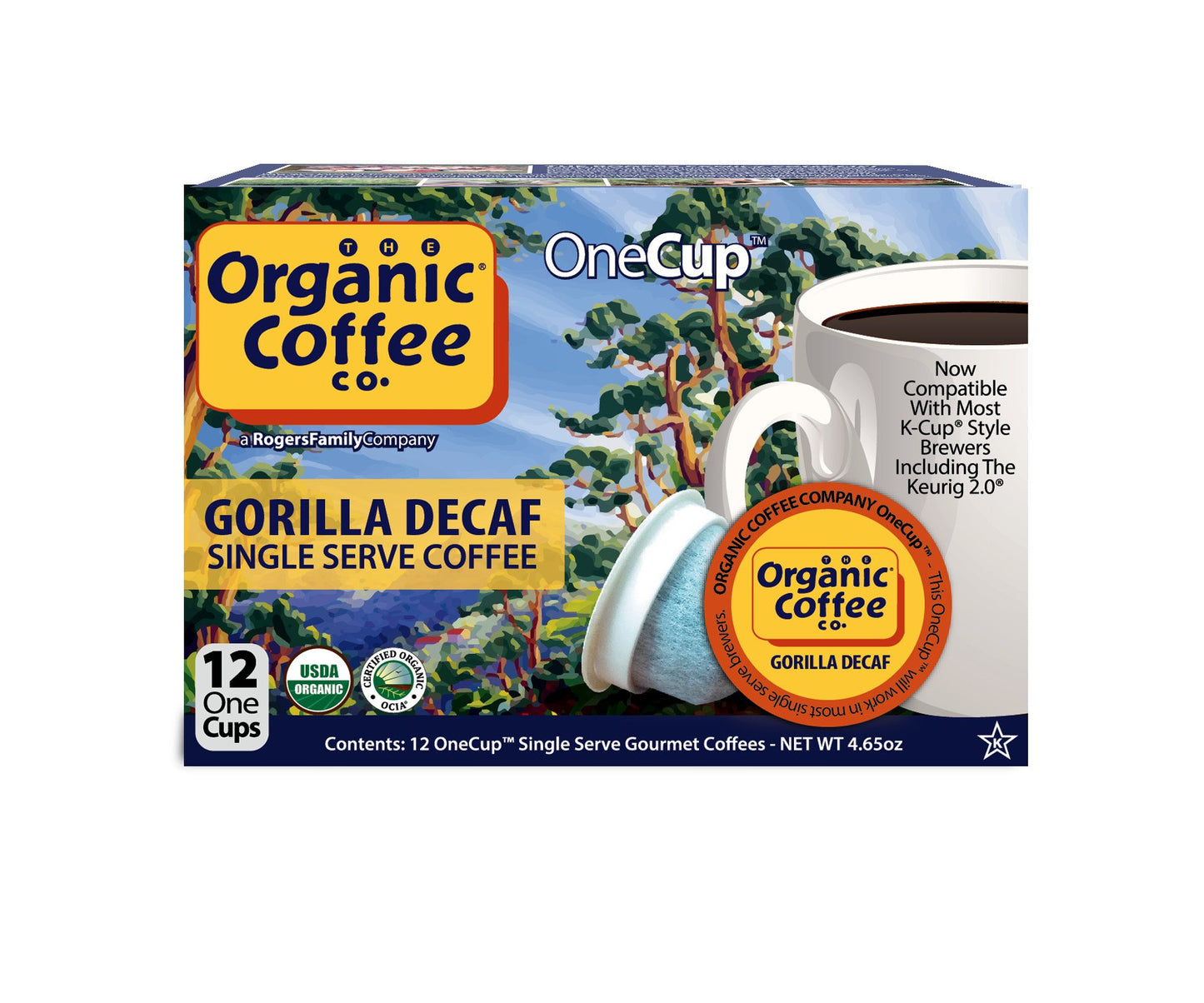 THE ORGANIC COFFEE CO. Compostable Coffee Pods, Gorilla Decaf, Medium Roast, 12 Count, K Cup Compatible