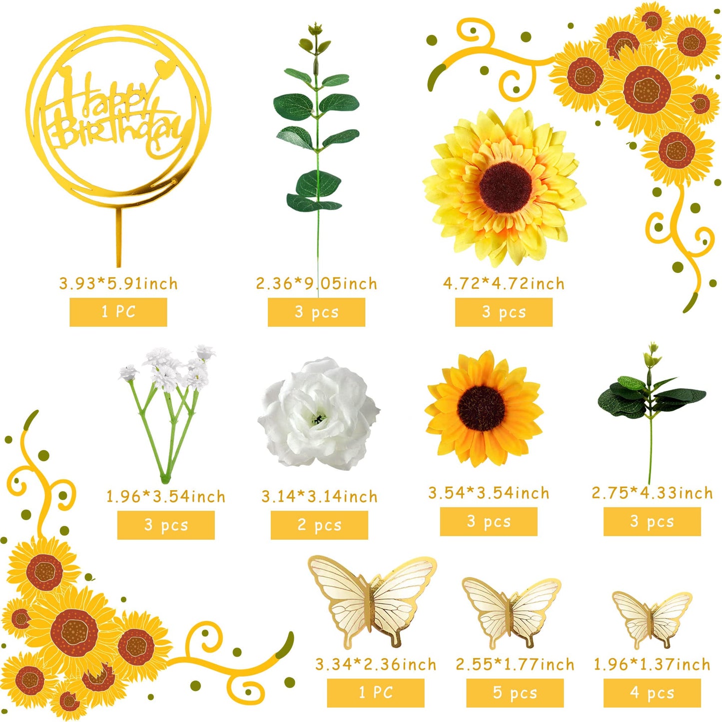 Drwate Sunflower Cake Topper, 28 Pcs Multicolor Acrylic, Silk - Baby Shower, Wedding Decorations, Butterfly, Eucalyptus, Rose, H