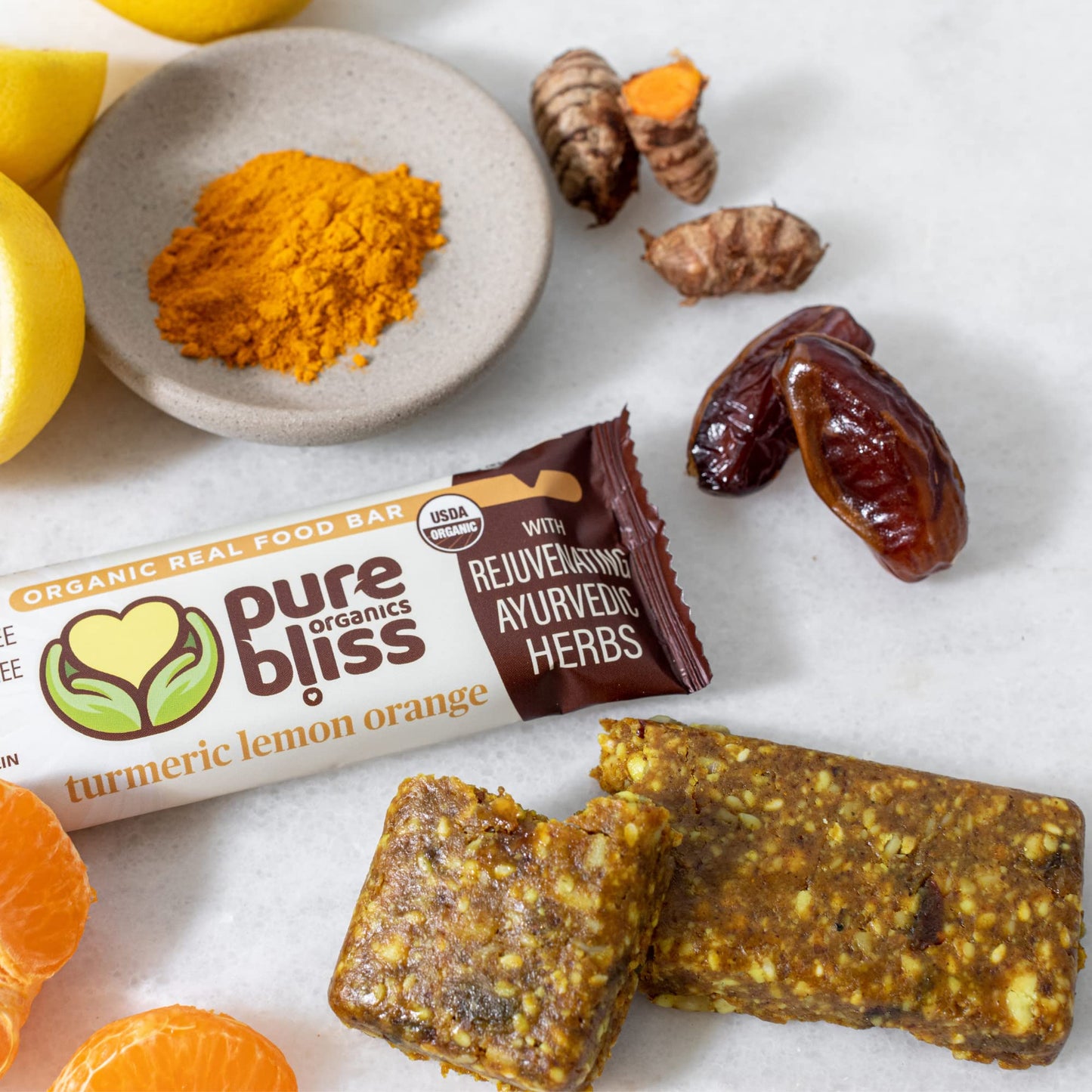 Organic Real Food Bars (Turmeric Lemon Orange) Grain Free - Paleo Friendly - Non-GMO, Gluten Free, Vegan, Nutrition Bars, Super