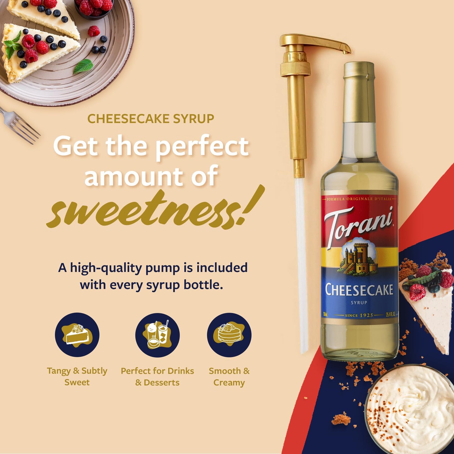 Torani Coffee Syrup, Cheesecake Flavored Syrup For Drinks, Pump Included, Glass Bottle 25.4 Fl Oz