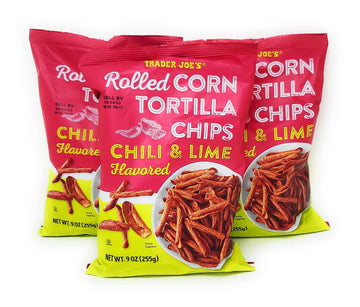Trader Joe's Rolled Corn Tortilla Chips Chili & Lime Flavored Net Wt. 9 Oz (255g) - Pack of 3