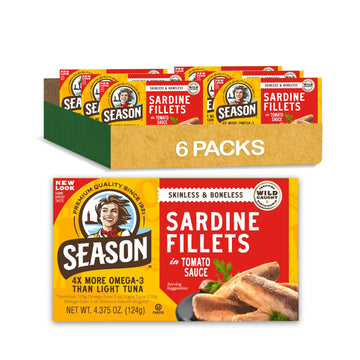 Season Sardines in Tomato Sauce - Skinless & Boneless, Wild Caught, 22g of Protein, Keto Snacks, More Omega 3s Than Tuna, Koshe