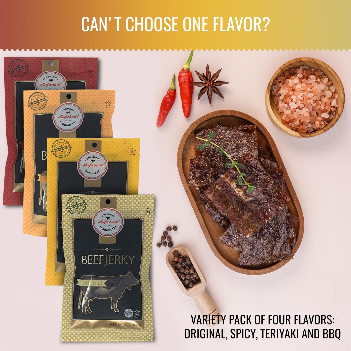 Aufschnitt Grass Fed Beef Jerky - Low Sodium, Certified Kosher - Made In Usa - Keto & Halal Friendly - 24 Pack, Variety Pack